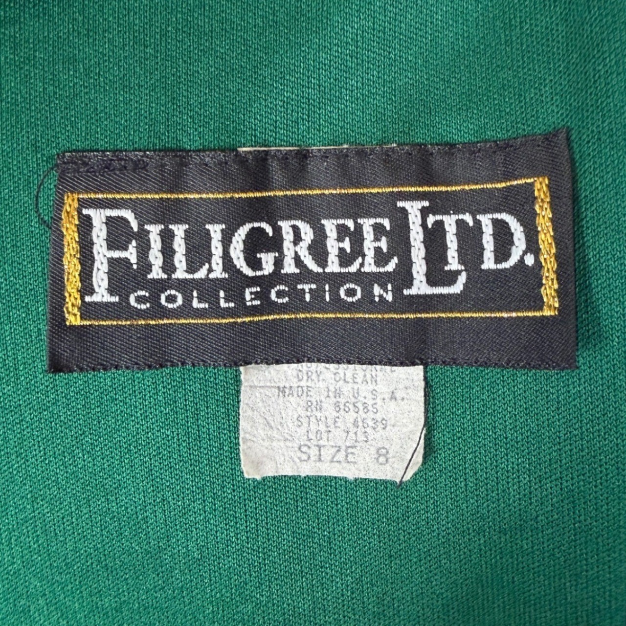 VTG Filigree Ltd Emerald Green Ruched V-Neck Midi Dress 80s Made in USA Size 8