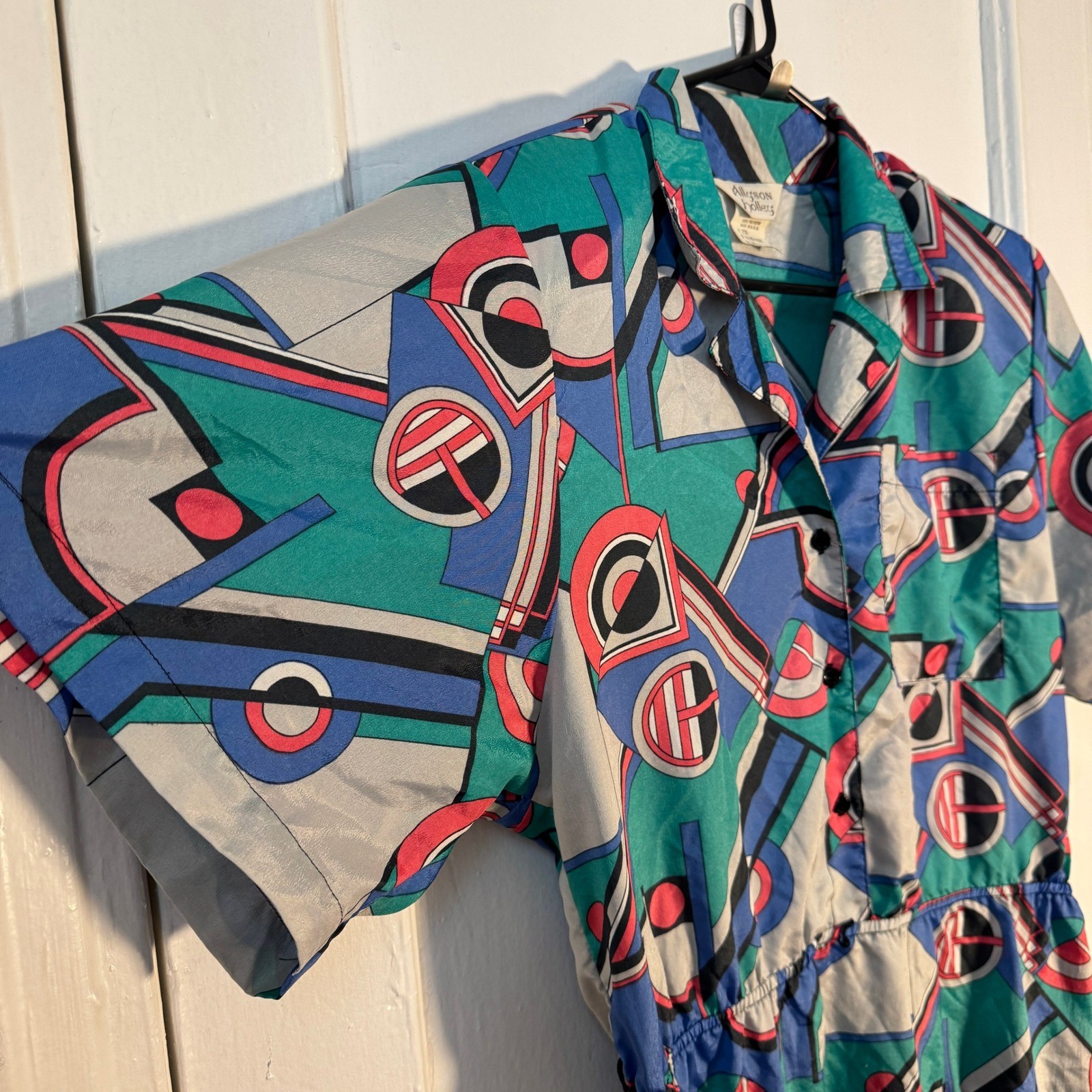 Memphis Vtg 80s Dress Geometric Allyson Holley Abstract Teal Blue L Maximalist