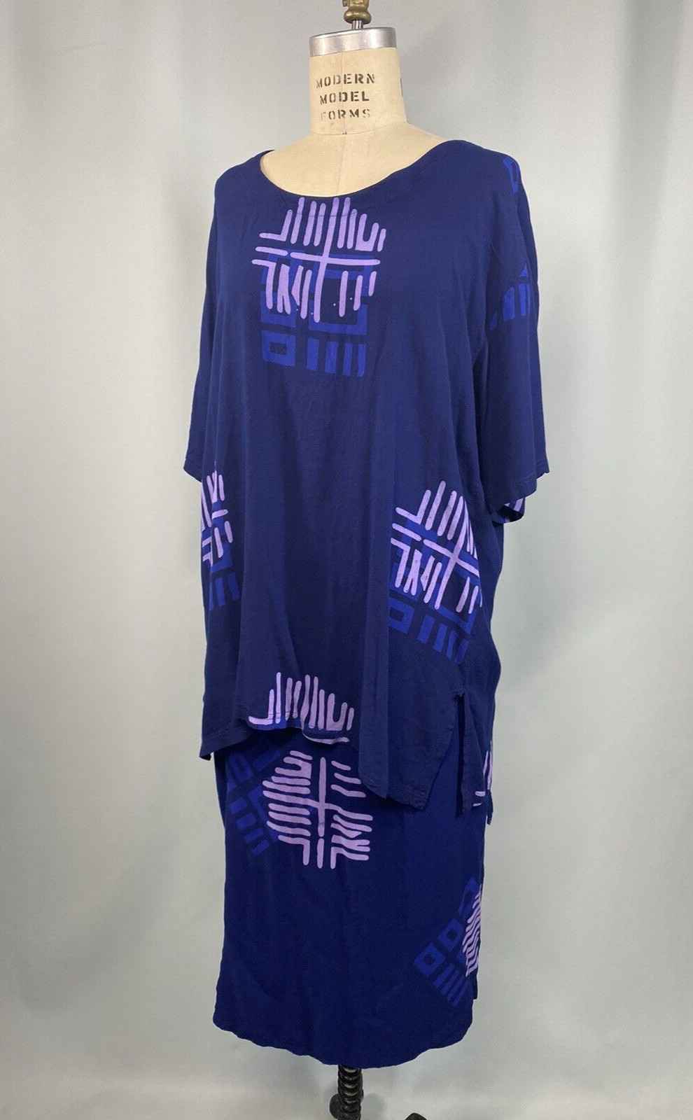 Vintage Tropical Dress set SIZE XL Rayon Navy Top & Wrap skirt loose beach