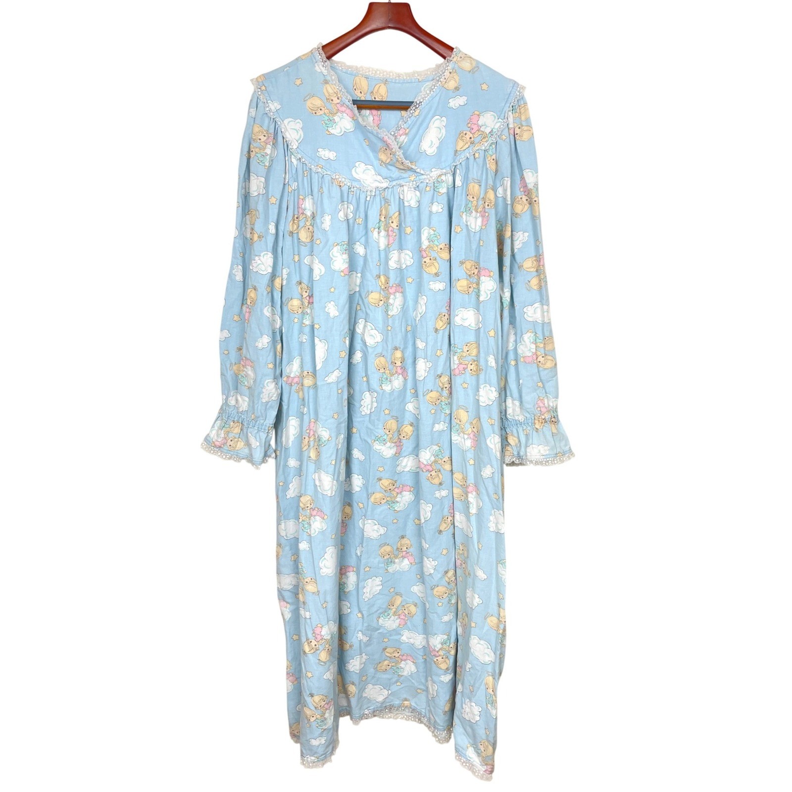 Vtg Precious Moments Womens Nightgown Sz XL Long Sleeve Flannel Angels Cottage