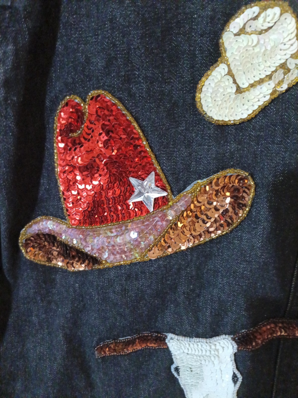 Vintage Kenya Collection Denim Sequined Western Themed Jacket Made In Taiwan