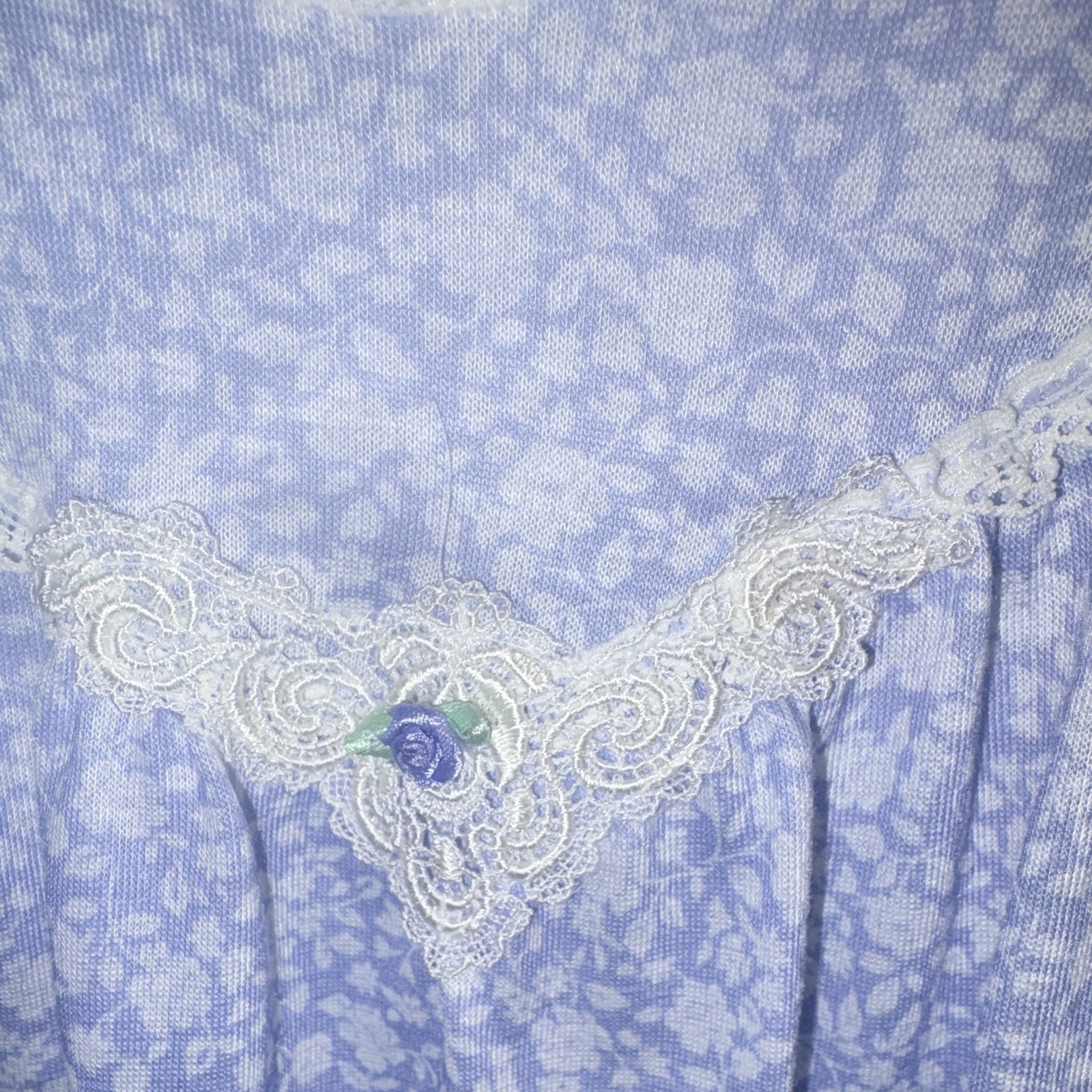 Lorraine Vintage Blue Floral Lace Trim Nightgown Size L 091590