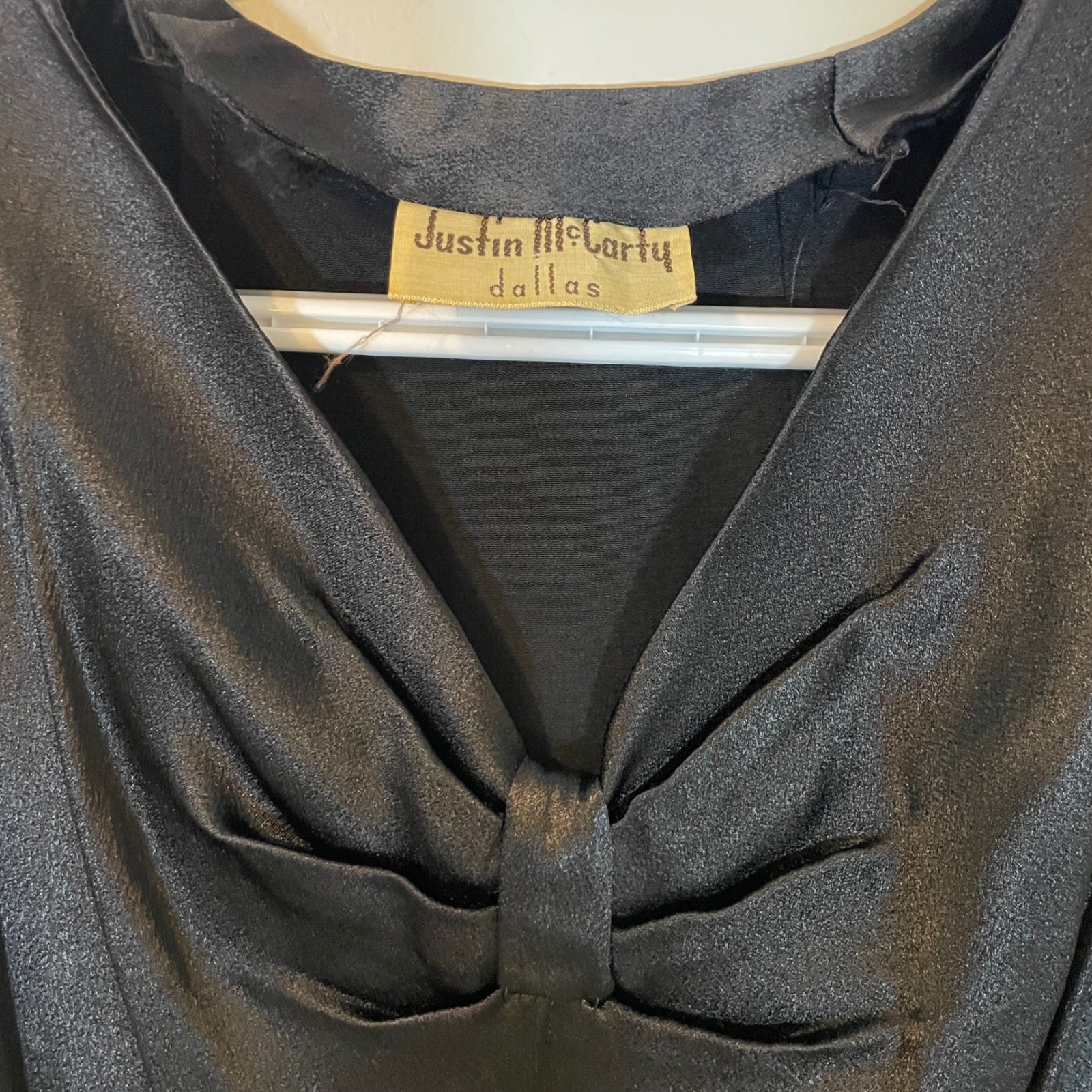 Vintage Justin McCarty Dallas Black Satin Cocktail Dress XS Bow Detail 50s READ