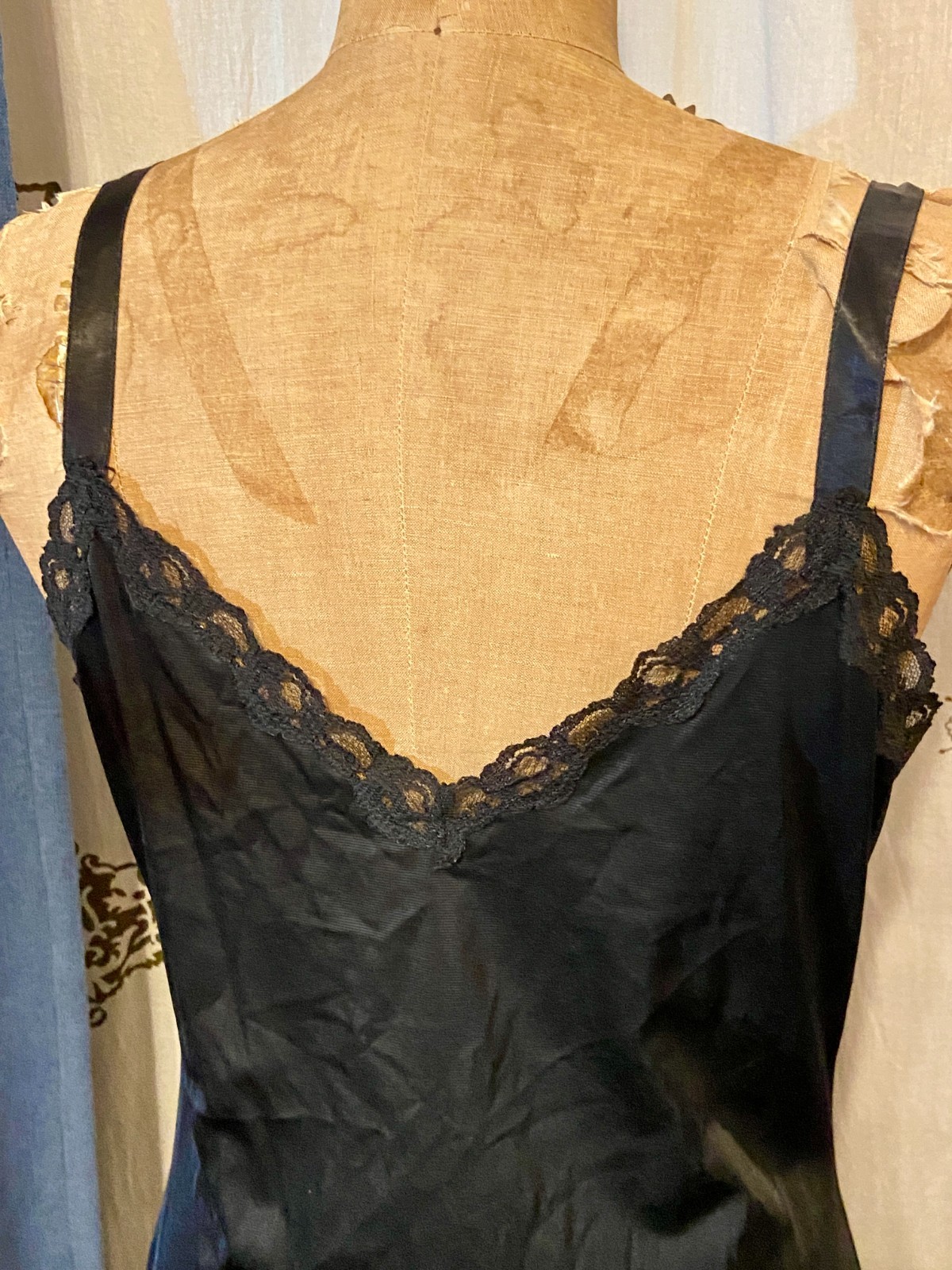 Vintage 60s 70s Black LACE Deep V Sexy Nightgown Slip Dress L Sissy Pin-Up Retro