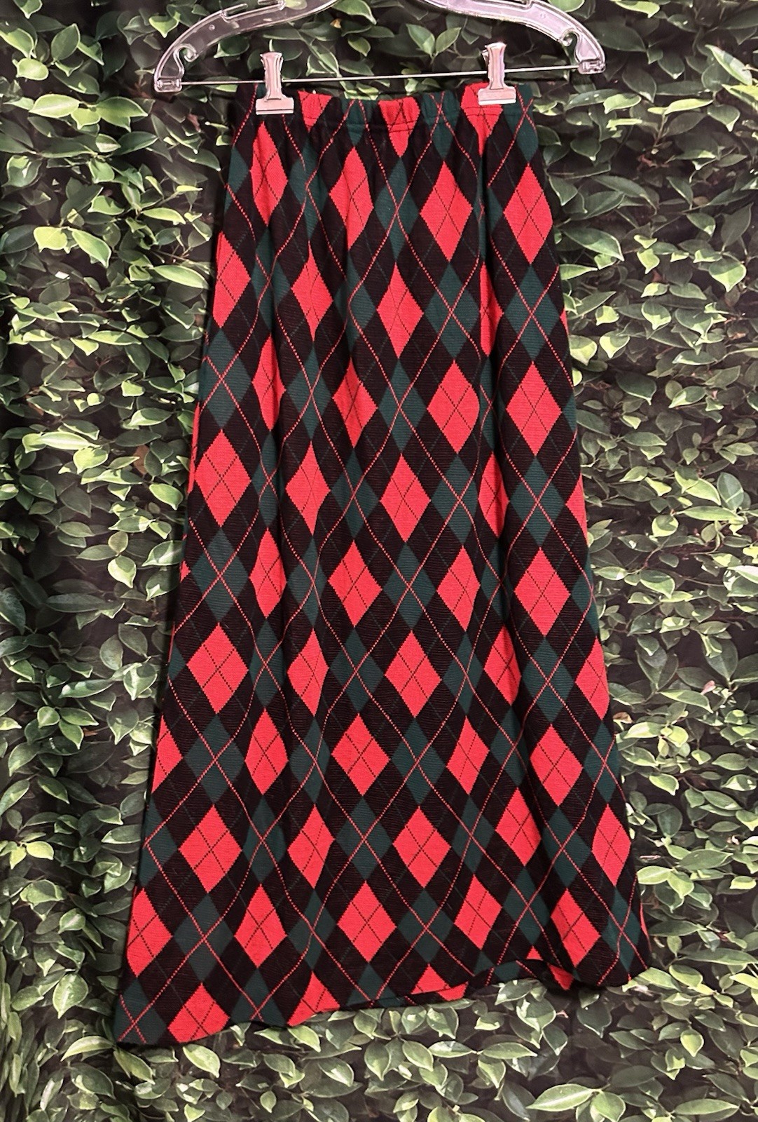 Vintage 70s Knit Skirt Red Green Black Diamond Pattern No Tags Elastic Waist Sm