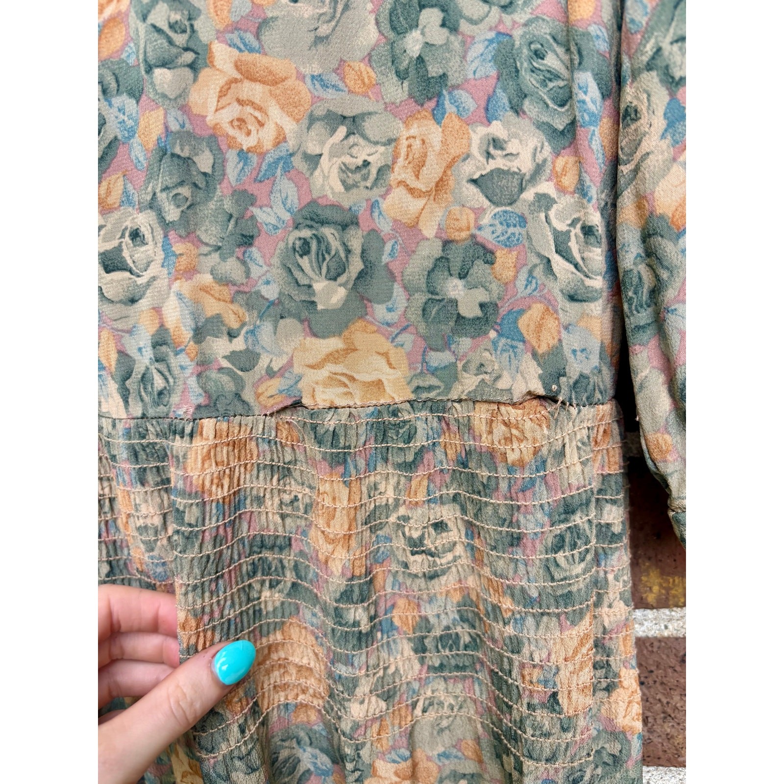 Vintage 80s Taurus II Floral Prairie Dress Lace Collar Drop Waist Pink Green