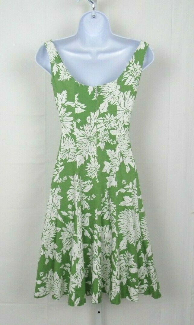 VTG 1990s 2000s JONES WEAR DRESS GREEN WHITE FLORAL SIZE 4 COTTON SPANDEX BLEND