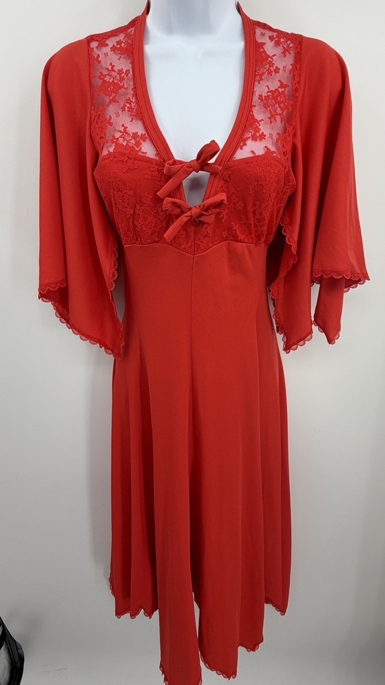 Vtg 1970s Jody T of California Dress Lace Flowy Boho Orange Empire Waist Size 5
