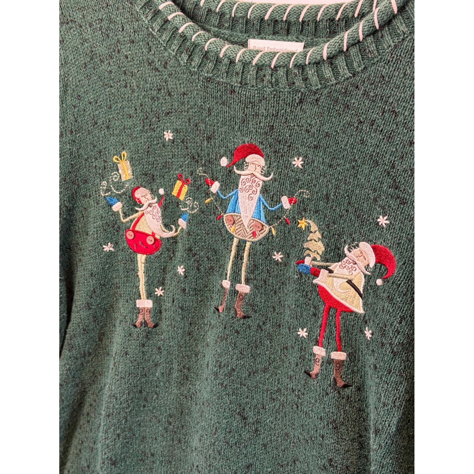 VTG CJ Banks Sweater Green Santa Hand Embroidery Holiday Ugly Christmas Women 2X