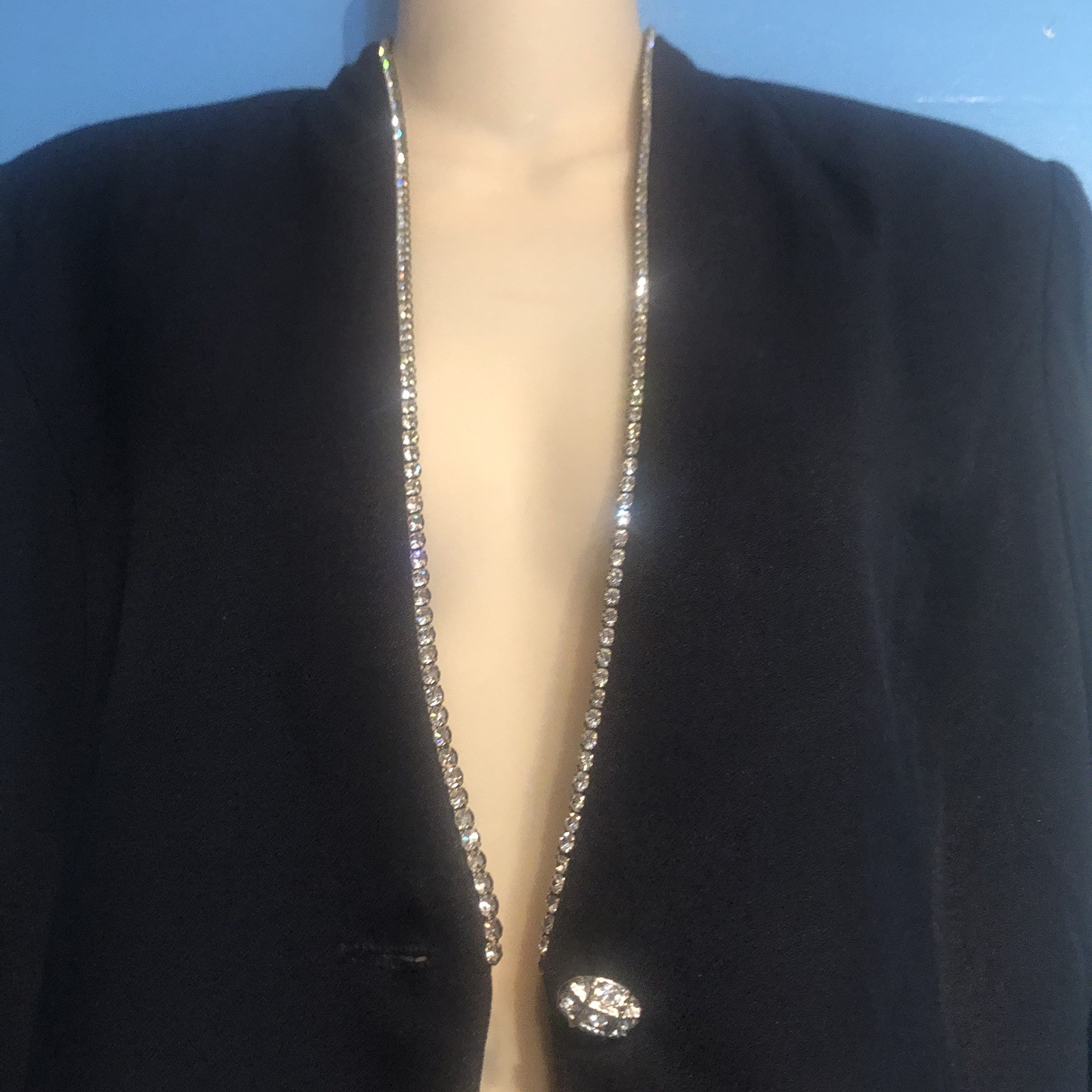 Vintage 1980s JR Nites Petites M Dress Jacket Navy Rhinestone Trim Shoulder Pads
