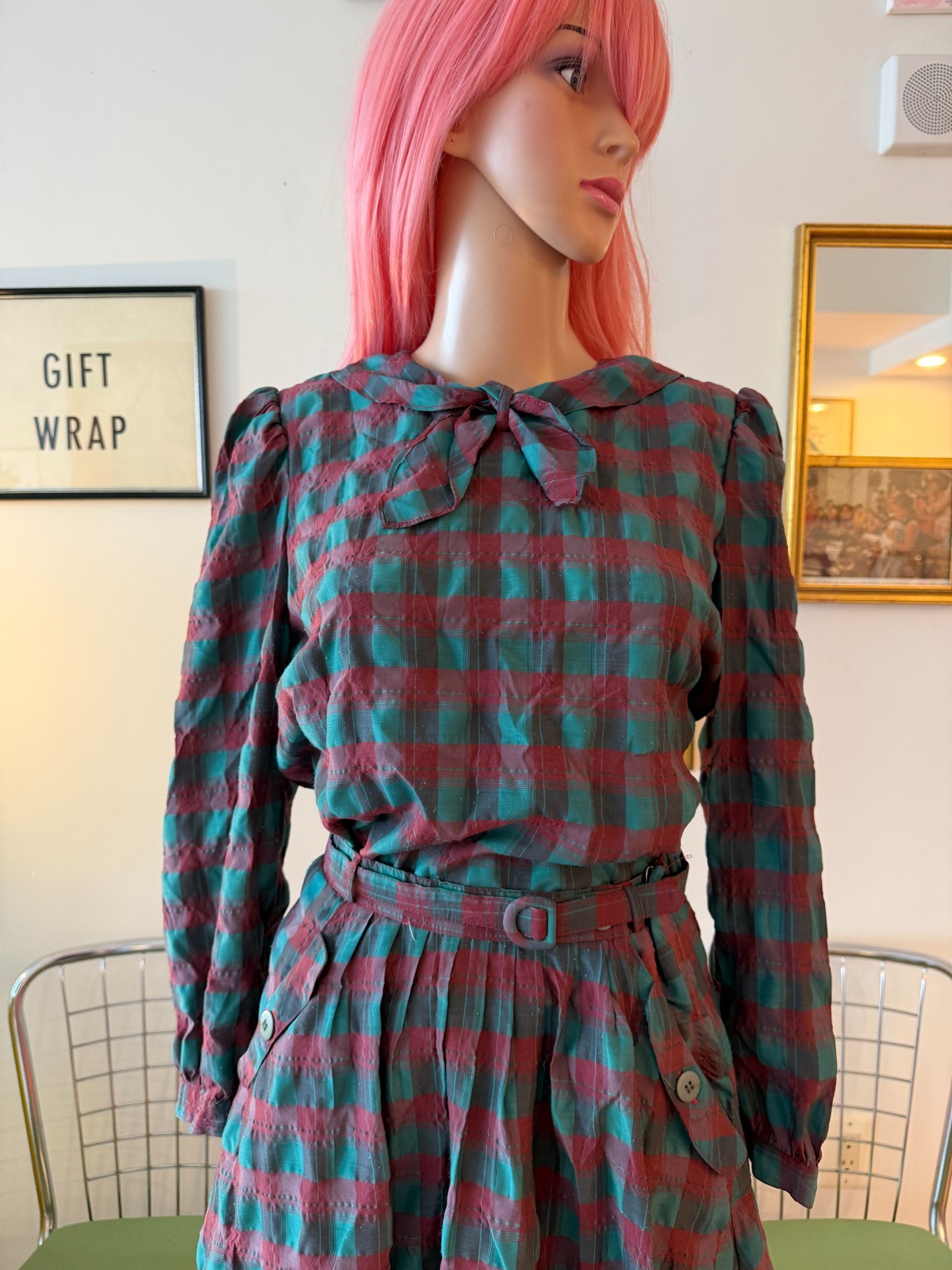 🎀 Vtg 70s Asian Export Plaid Cotton Batwing Pussy Bow Top Skirt Buckle Dress M