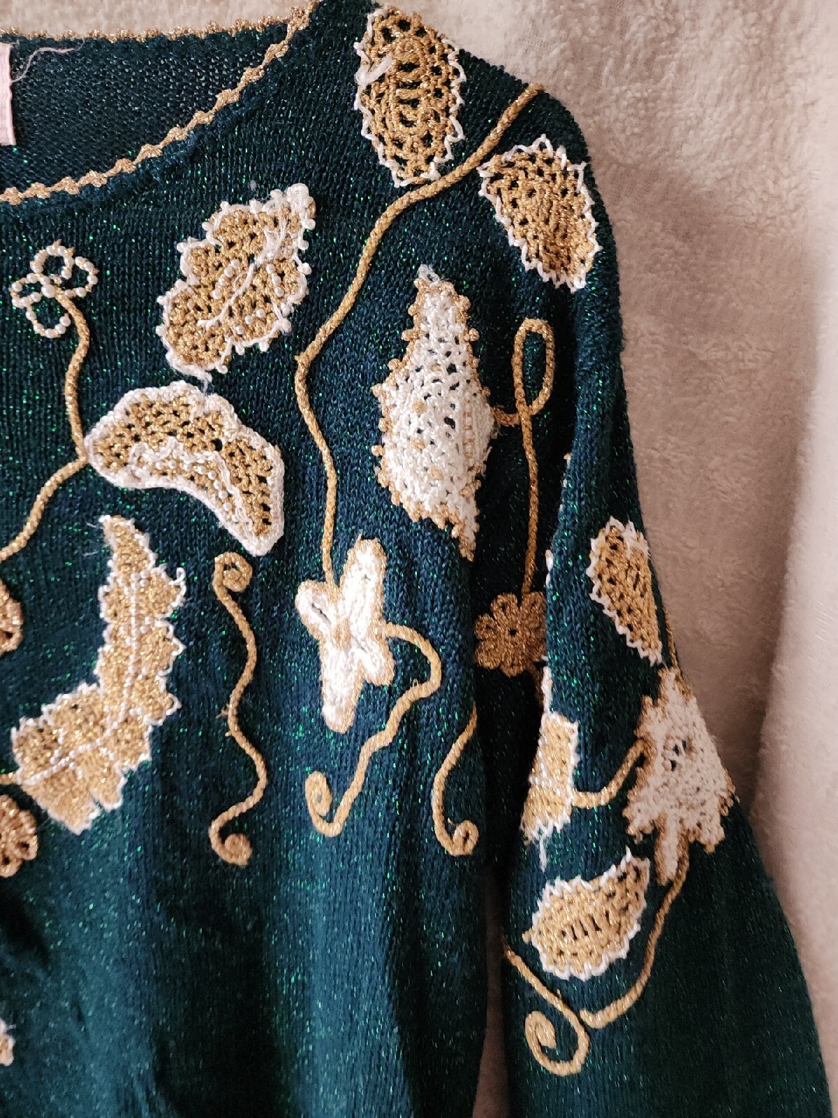 Joeclyn Smith VTG Embroidered Beaded Sparkly Green Gold Sweater 80s Womens Sz S