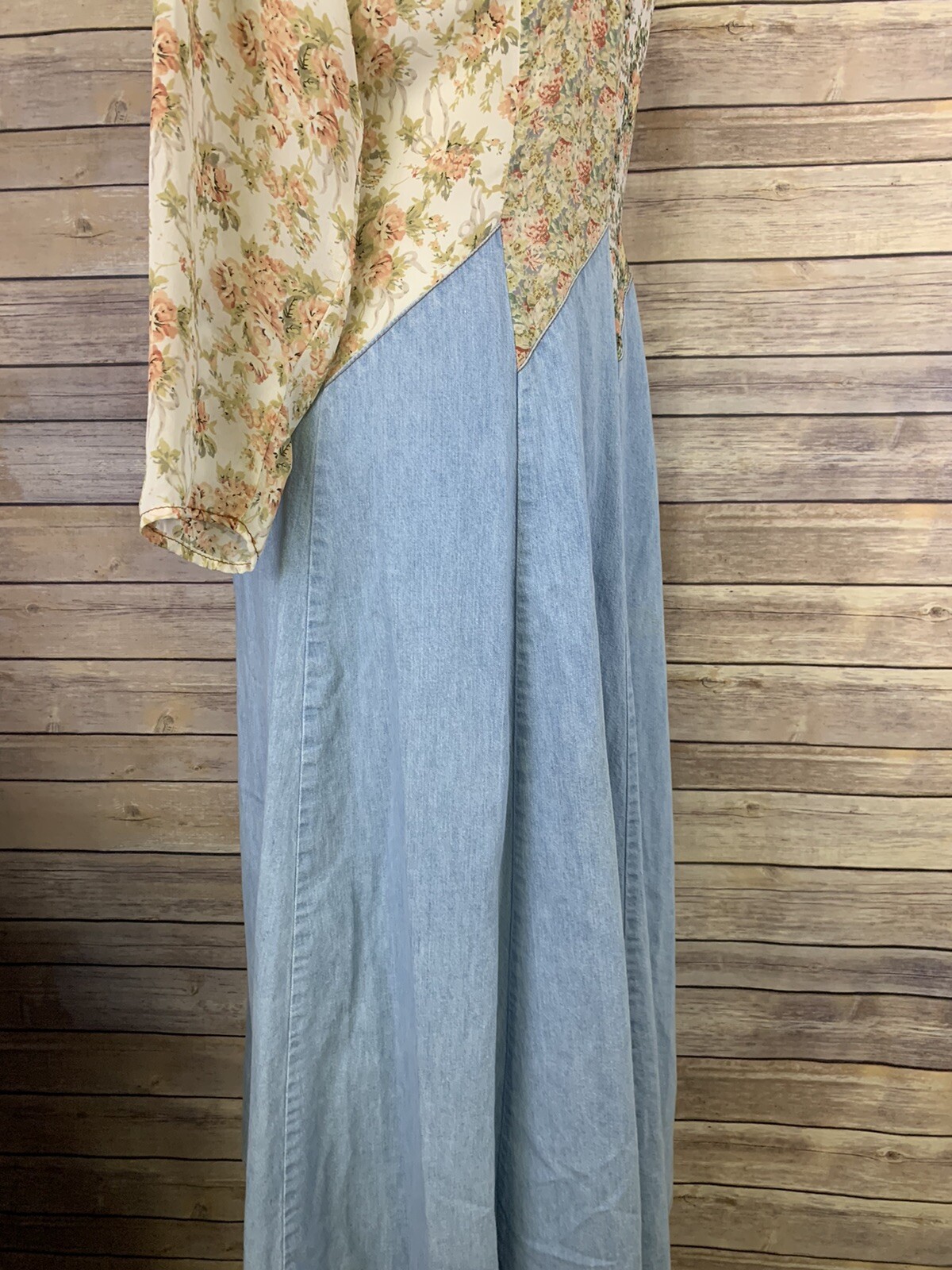 Vintage Tickets Womens Dress Denim Floral Mixed Zip Back Boho Long Cottage Core