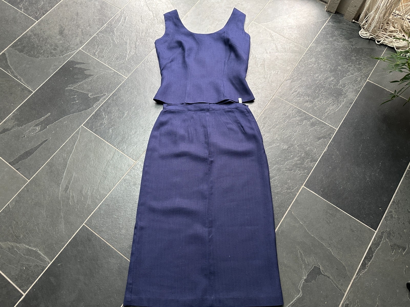 Vintage 1950s Nelly de Grab Navy Blue Textured Linen Look Rayon Skirt Suit Set