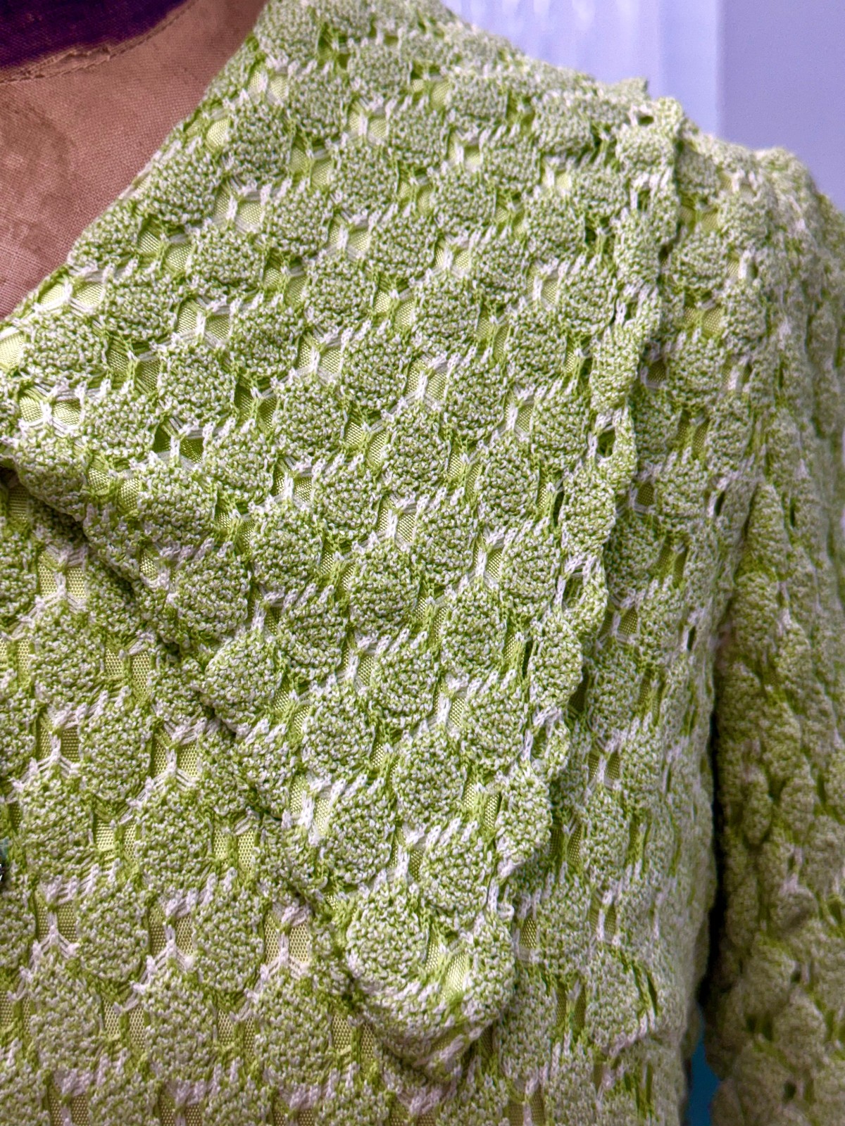 Vintage 1960s Mod Style Green Crochet Lace Mini Dress W/ Dagger Collar Med