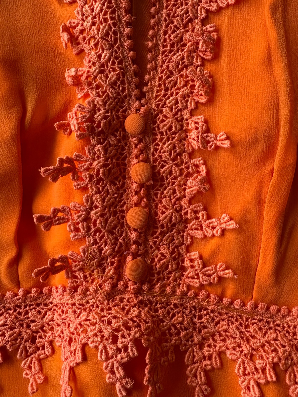 Vintage 70s Orange Boho Prairie Maxi Dress Lace Keyhole Festival S Chic Glam