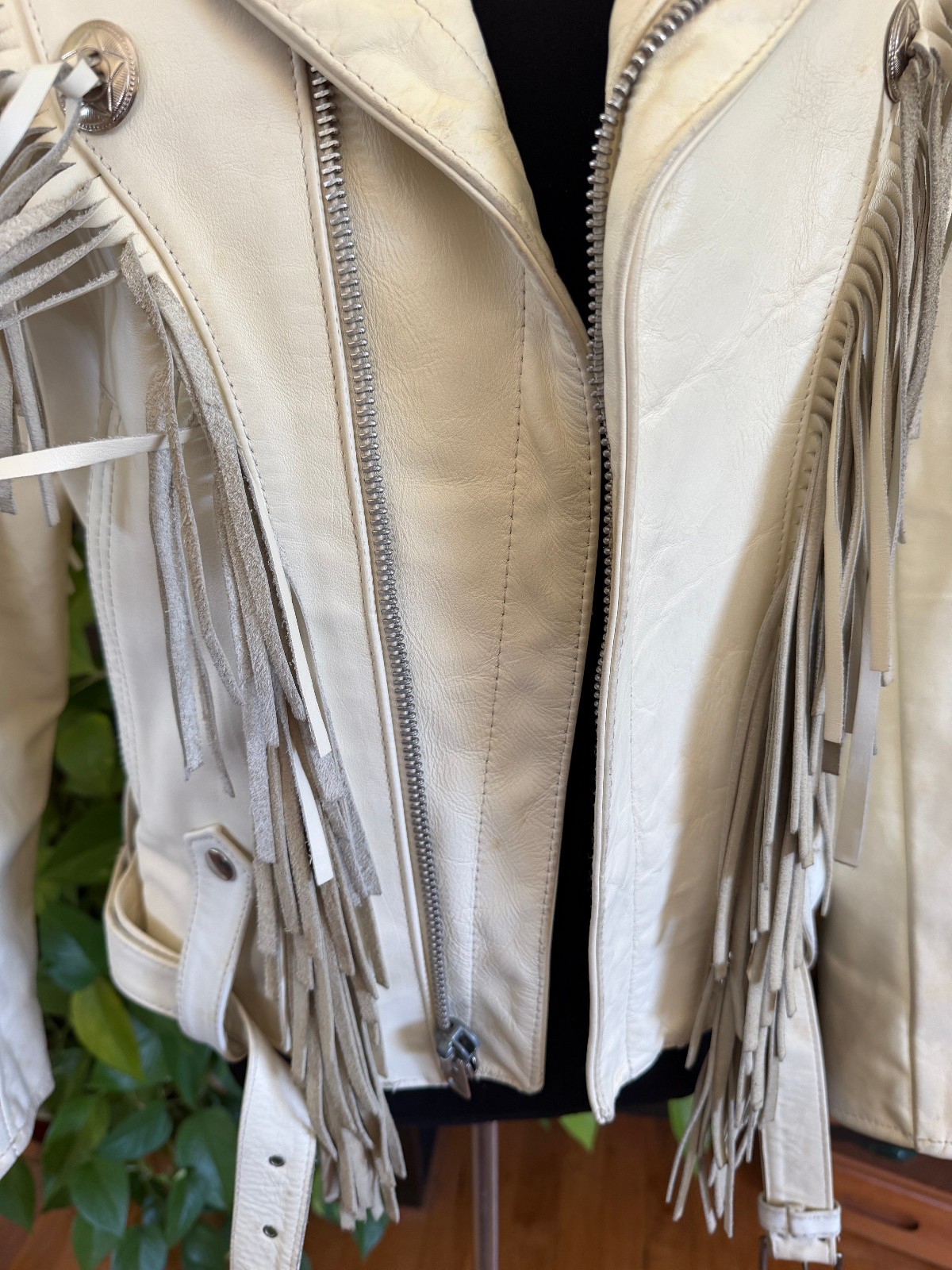 Vintage Biker Jacket Park V White Leather Fringe Motorcycle 36 1980s Moto Thrash