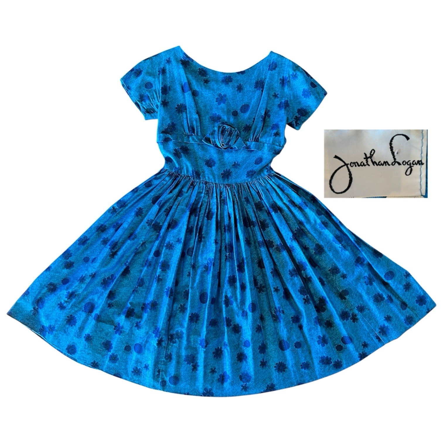 Vintage 50s Jonathan Logan Dress Turquoise Blue Fit Flare Full Cotton Floral