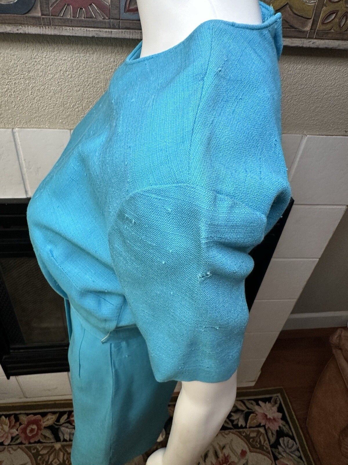 Vtg Galant Dress w/tag belted rayon turquoise Circ 1980s armpit to armpit 18″
