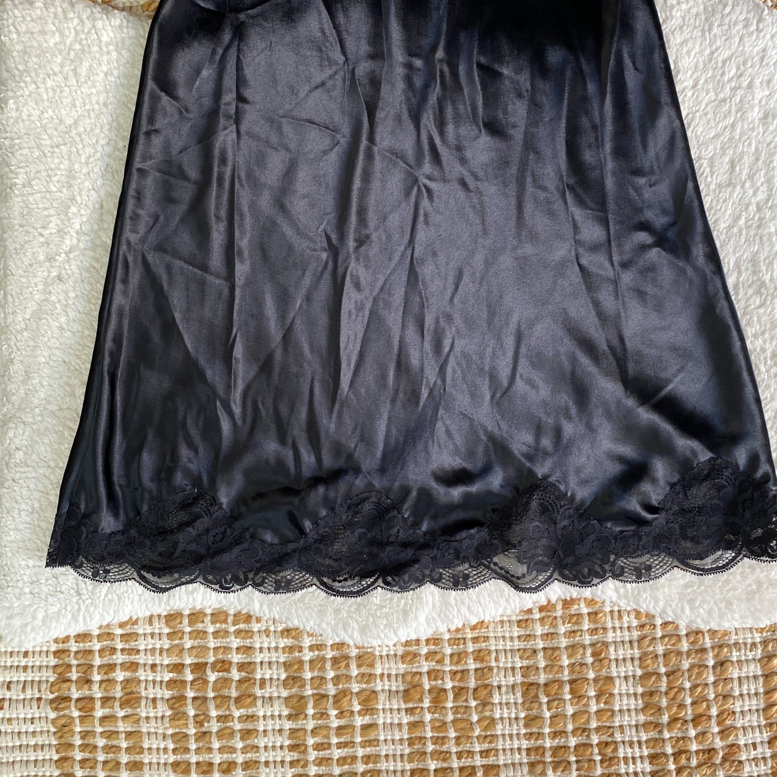 Vintage Black Satin Lace Trim Slip Dress Midi Adjustable Straps