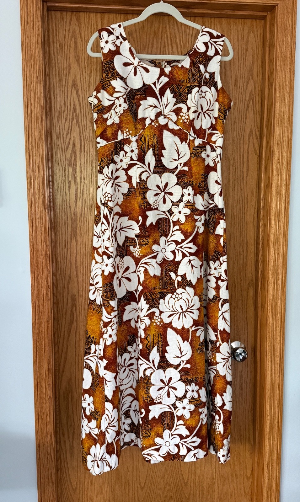 Royal Hawaiian Vintage 60s Barkcloth Maxi Dress size 18* style 634 browns &white