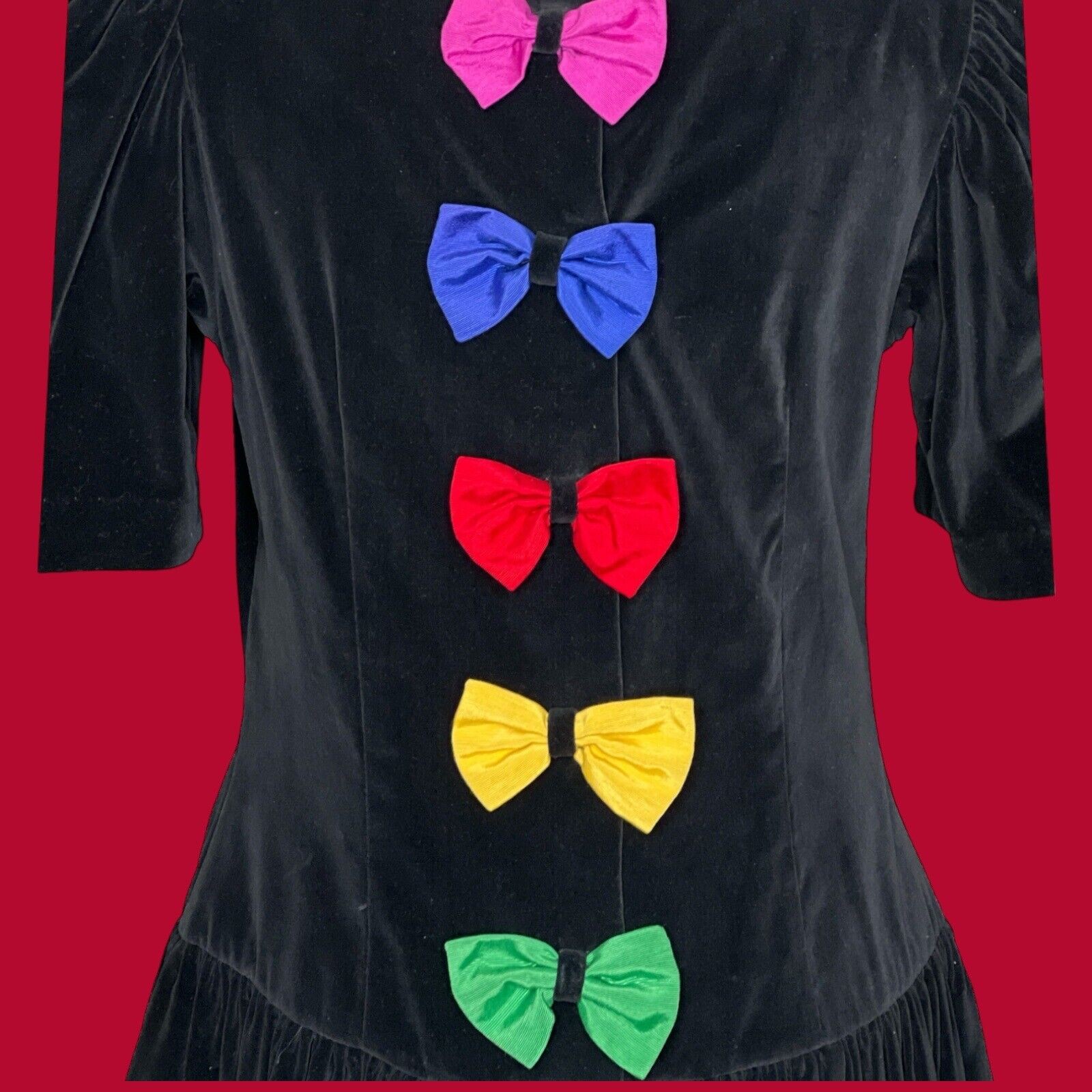 80s Misty Lane Black Velvet Drop Waist Multicolor Bow Back Vintage Dress 11/12 S