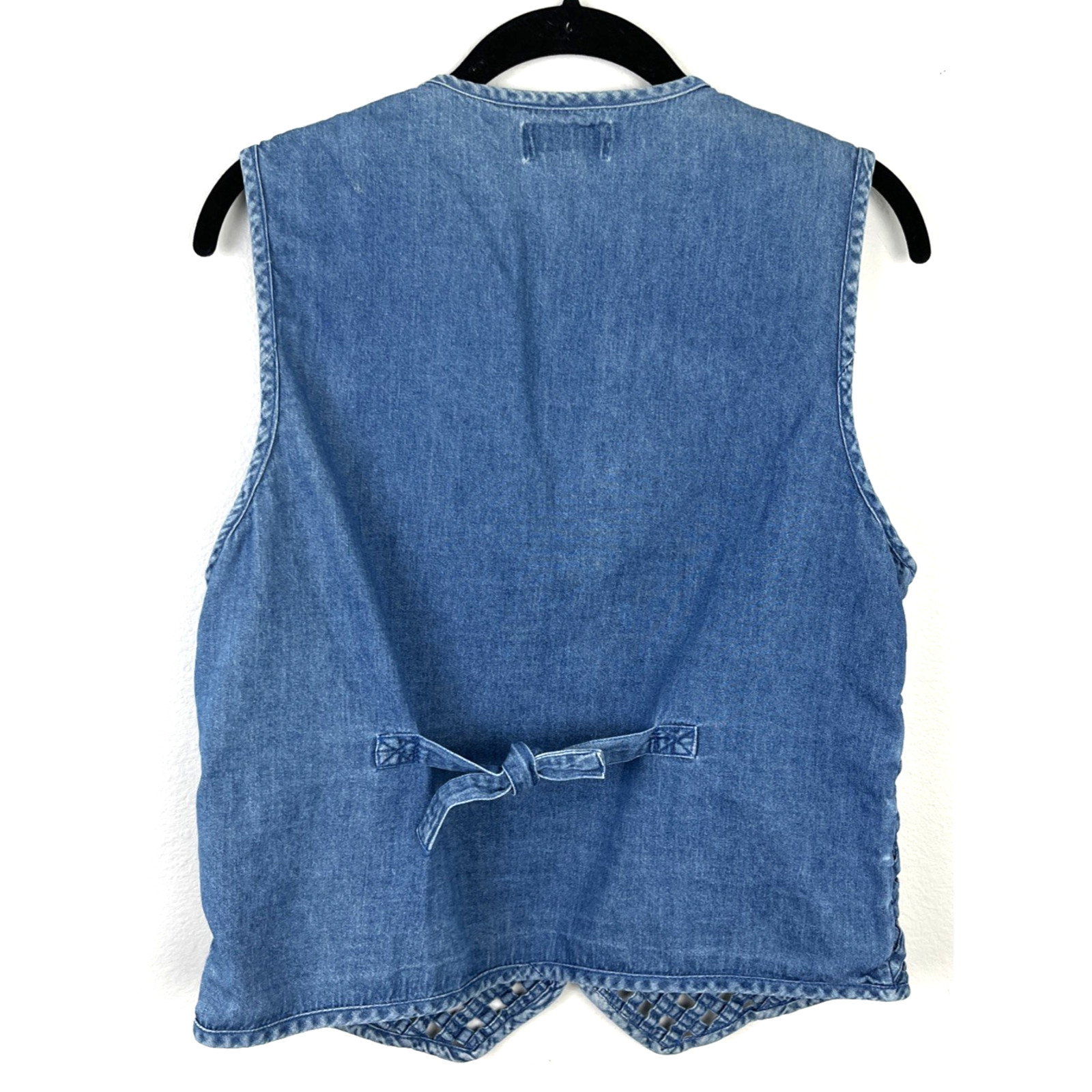 Vintage Woven Lattice Denim Vest Wood Toggle Button Boho Cowgirl Cottagecore M