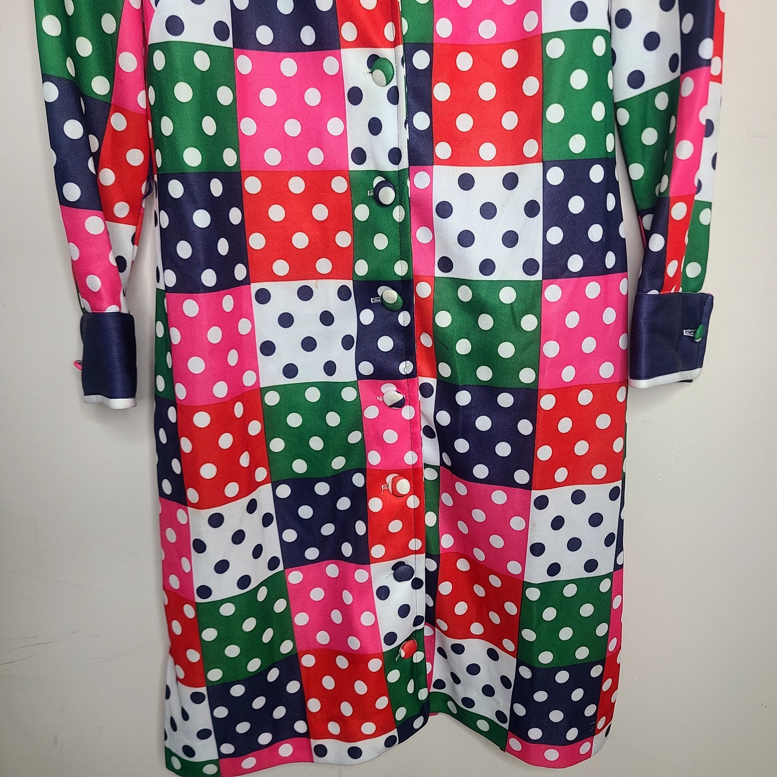 Vintage 70s Miss Joey Polka Dot Patchwork Dress Mod Disco Long Sleeve MCM