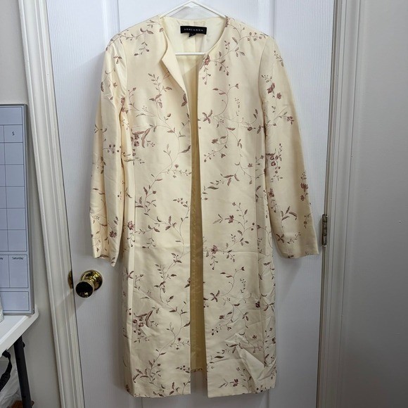 Vintage Adrianna cream 100% silk longline evening duster coat floral embroidered