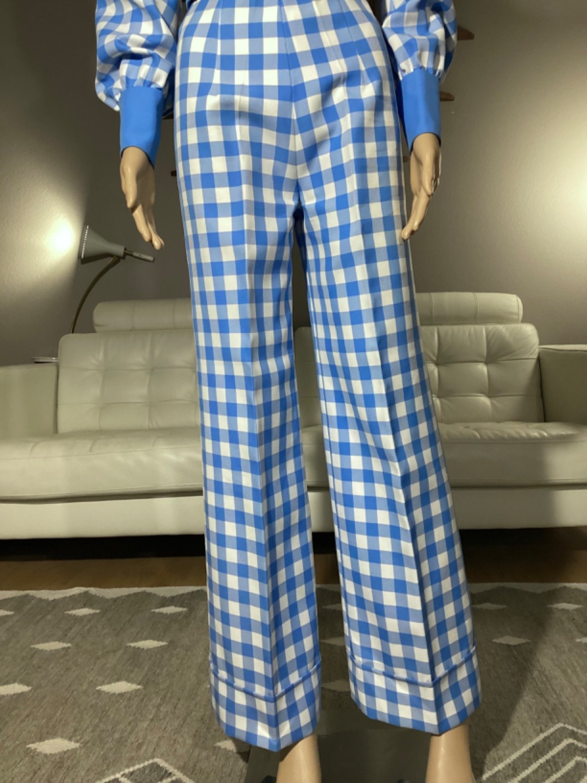 Vintage 1970’s Blue & White Check Cropped Button Up Top & Wide Leg Pants Set