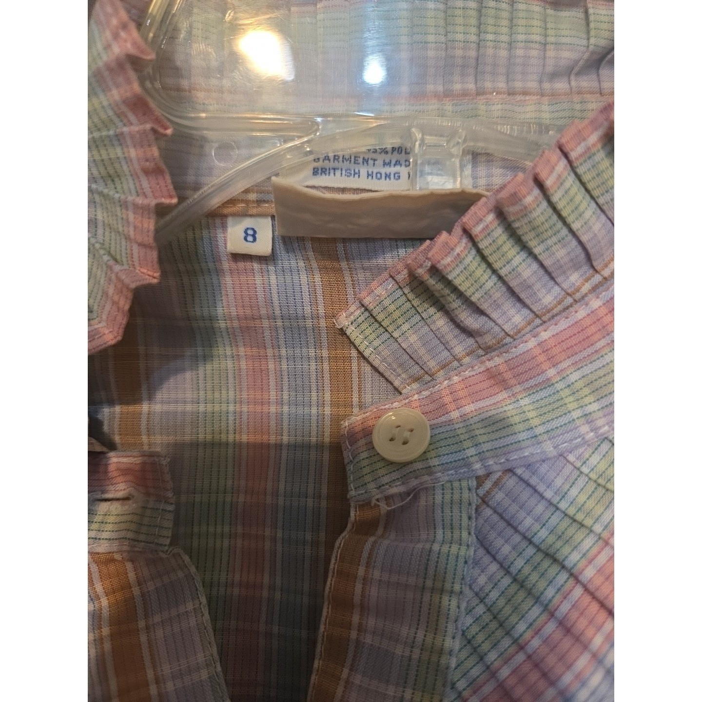 Levi Strauss Plaid Pastel Ruffle High Neck Blouse, Vintage Woman’s Size 8