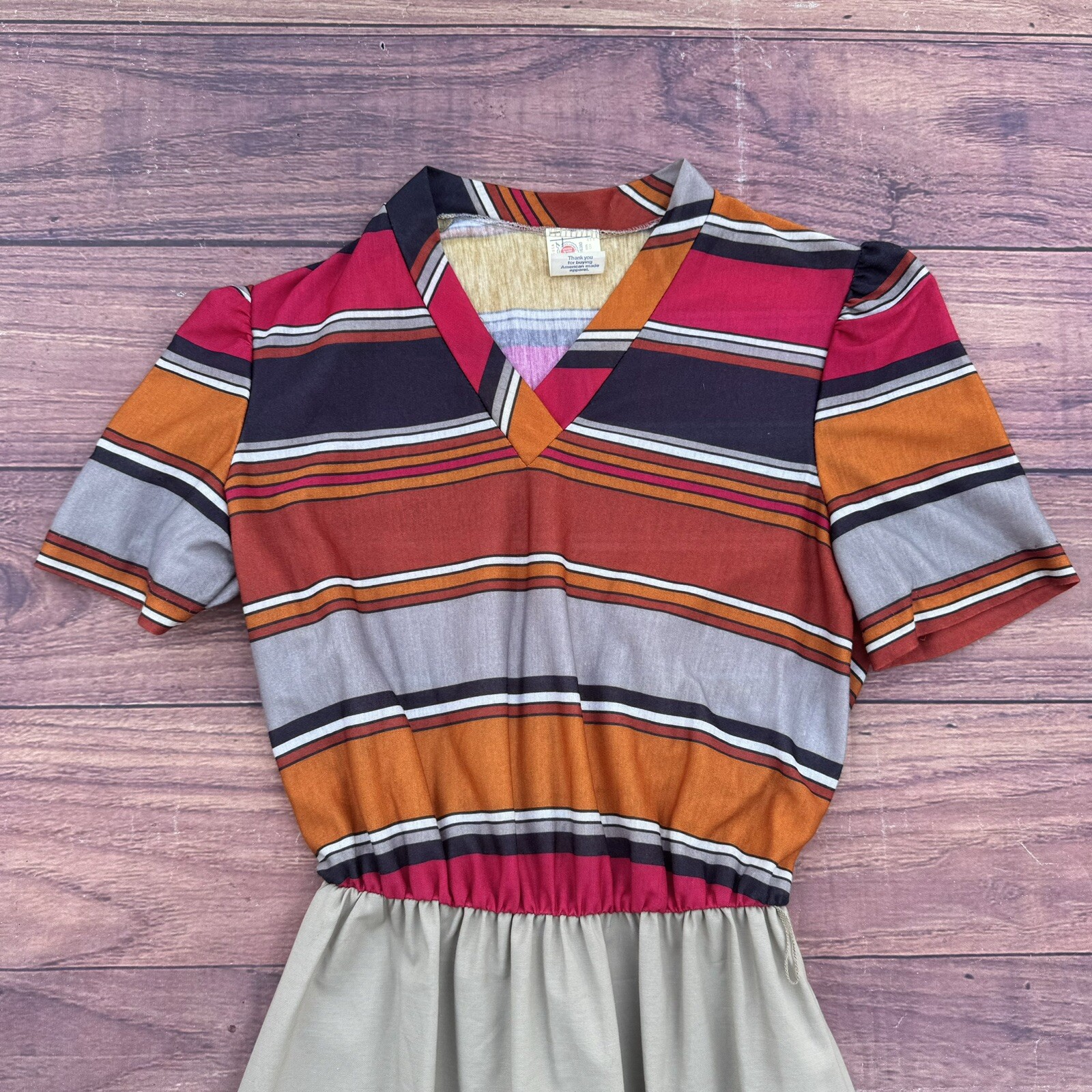 Vintage 70s Union Made Ilgwu USA Ladies Garments Poly Skirt Dress Striped Long