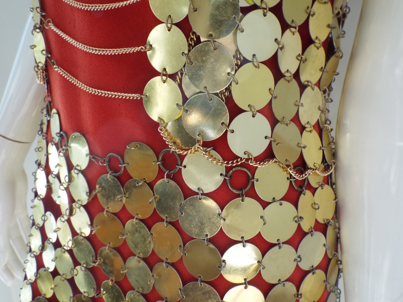 Vintage 1960s Gold Tone Metal Disc Chain Mail Vest Top & Skirt Dress Paillette
