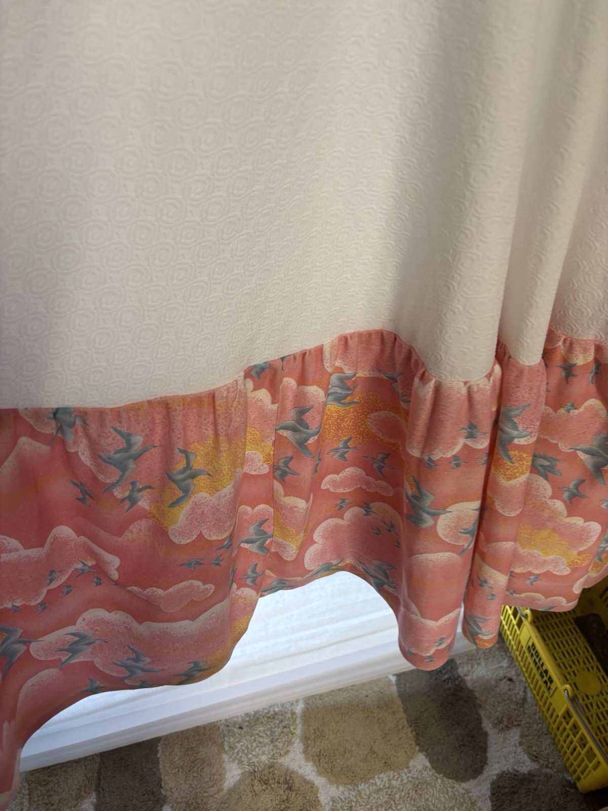 1980’s Handsewn Full Length DRESS White with Pink Clouds, Blue Doves BOHO