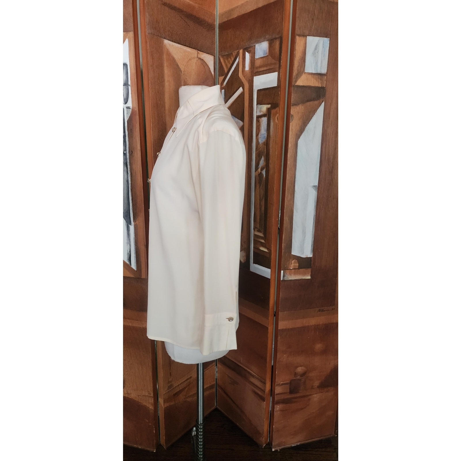Vintage 1980s Karl Lagerfeld Blouse Cream Silk Shirt Asymmetric Button Down Med