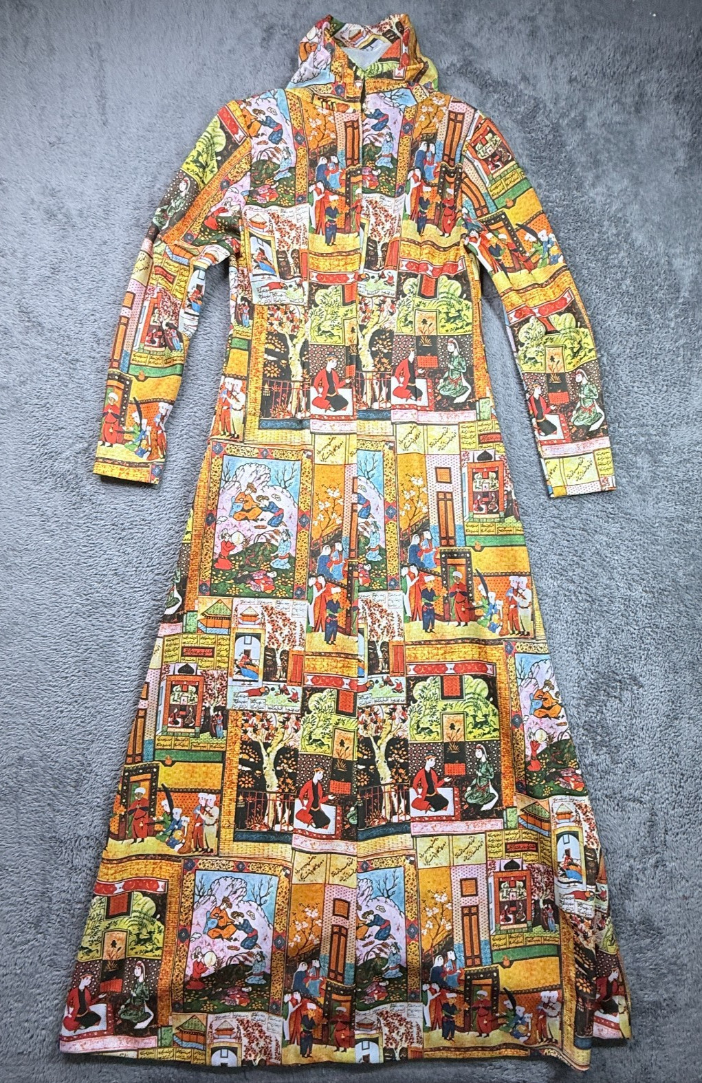 Vintage 70s Persian Miniature Print Button Up Top Women Long Sleeve Novelty S/M
