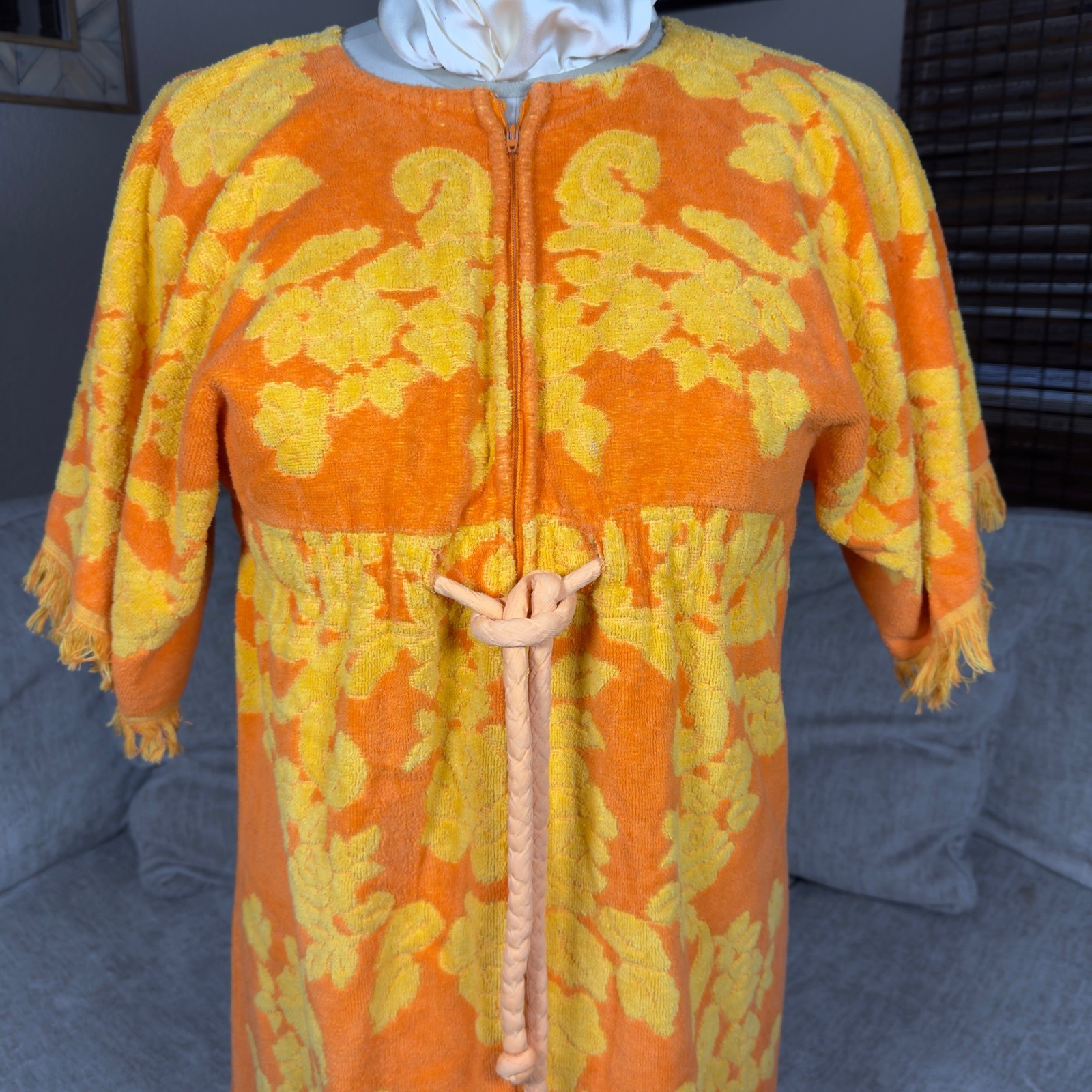 Vintage Cannon Monticello Terry Cloth Robe Orange Yellow Floral Fringe Maxi USA