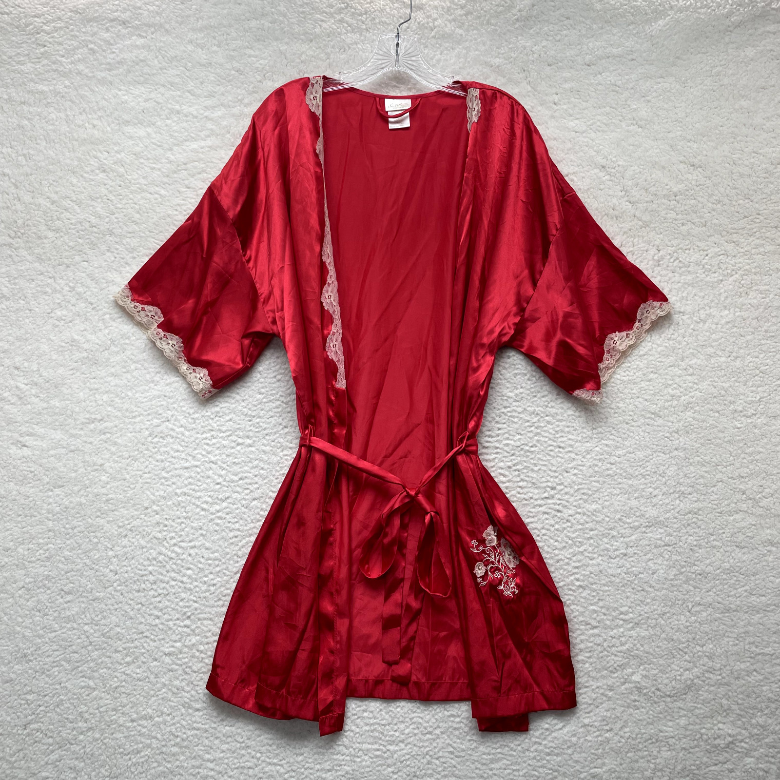 Y2K Vintage Robe Kimono XL 16 18 Red Satin Lace Embroidered Floral Luxe Sexy
