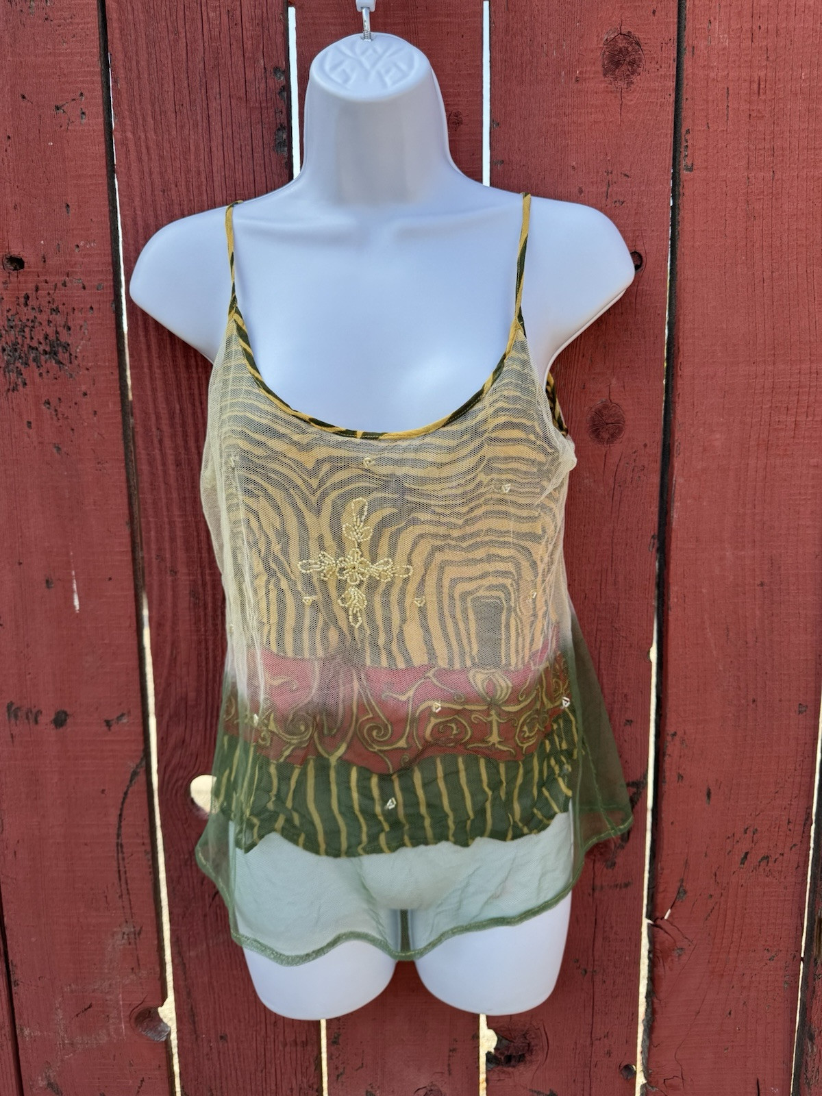 Vintage 90s Y2K Sheer Mesh Lace Beaded Tank Tattoo Grunge Goth Alt Earth Fairy