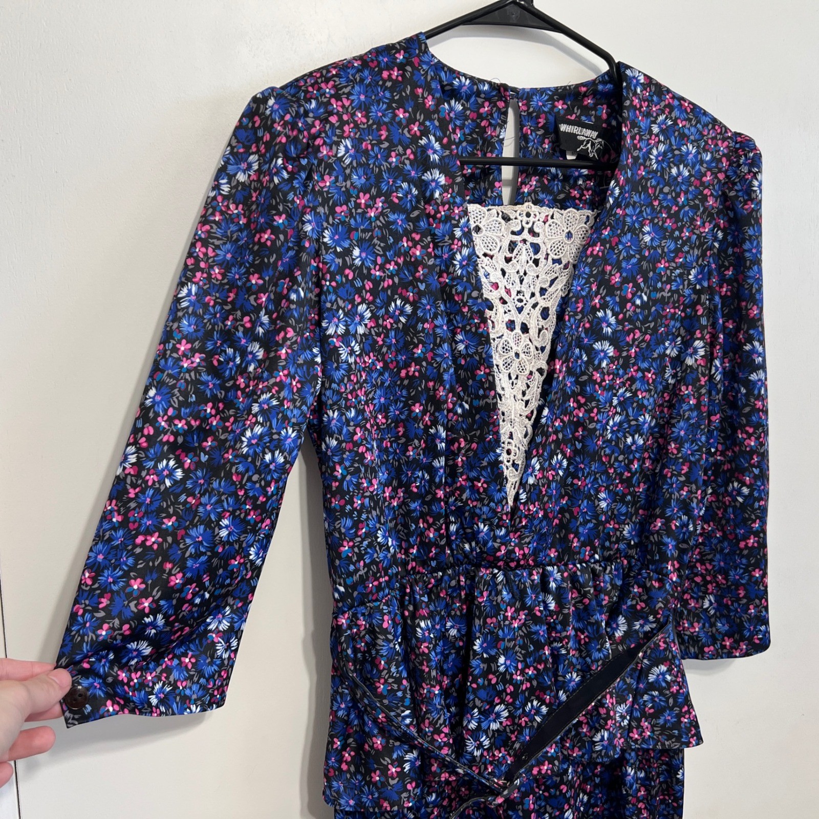 80s Vintage Floral Peplum Dress Midi 12P Blue Pink Lace Inset Belted Made USA