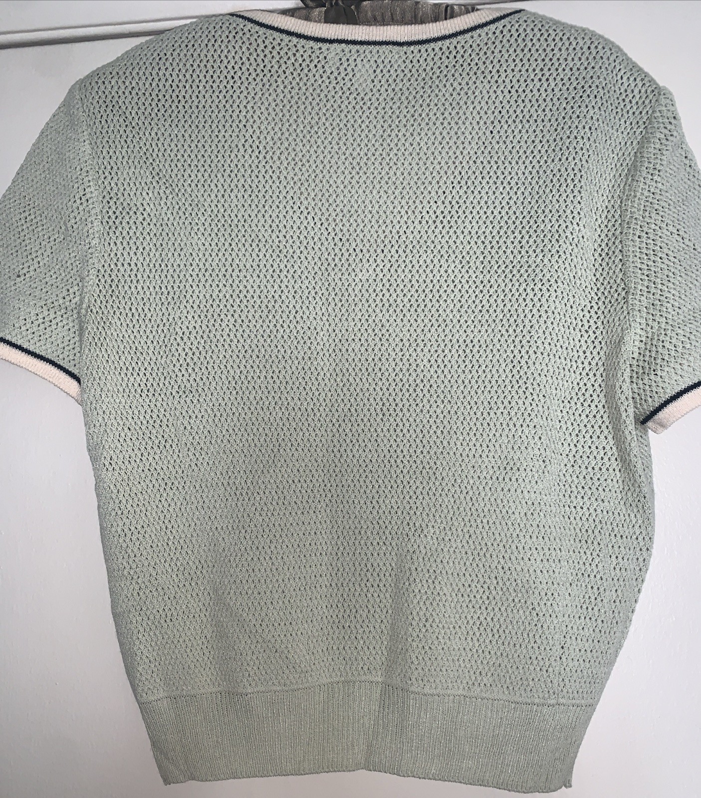Vintage St John Knit Sweater Size S/M 80s Pale Mint Green Ivory Black Trim