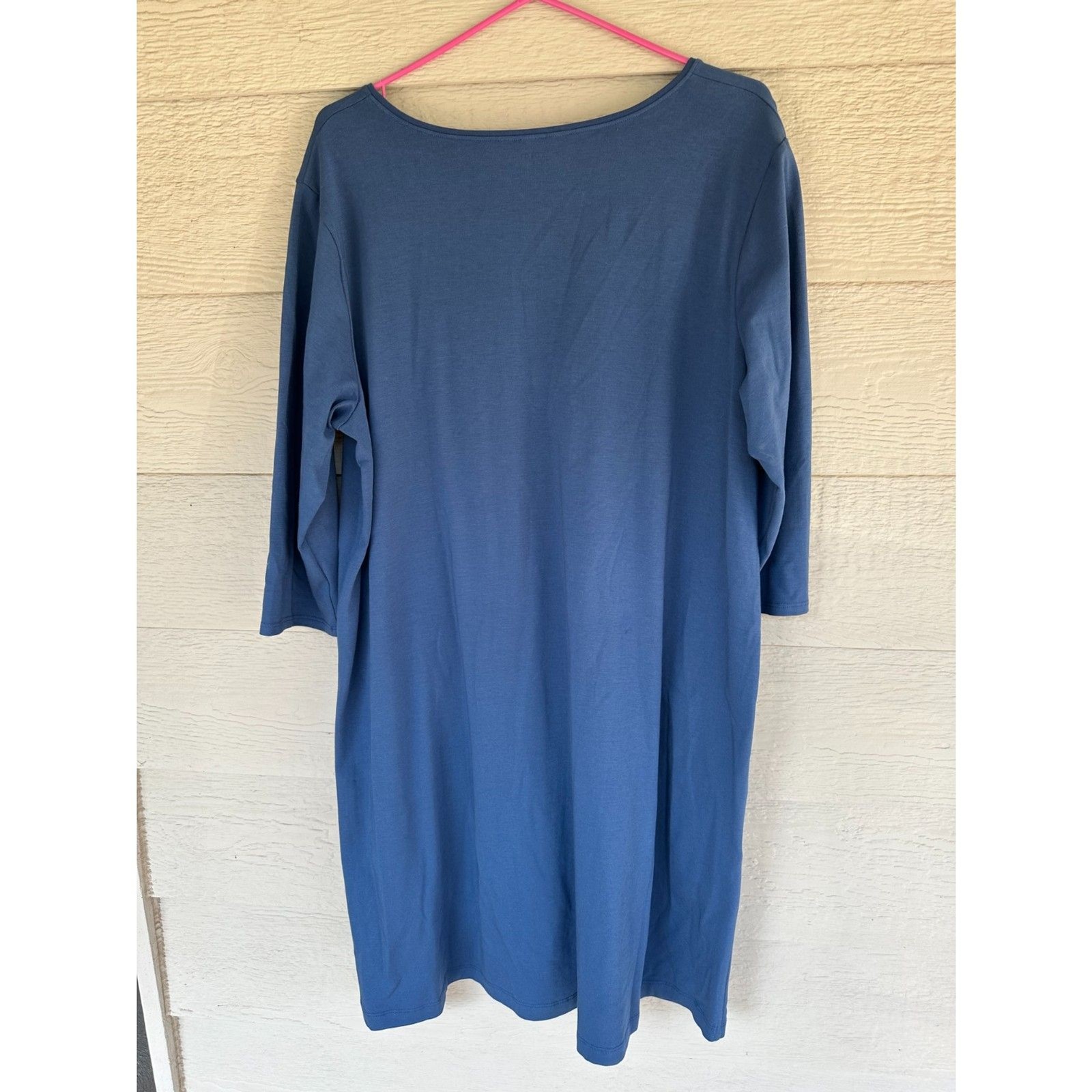 Eileen Fisher Solid Stretch V-Neck 3/4 Sleeve Shift Dress W/ Pockets Women’s XL