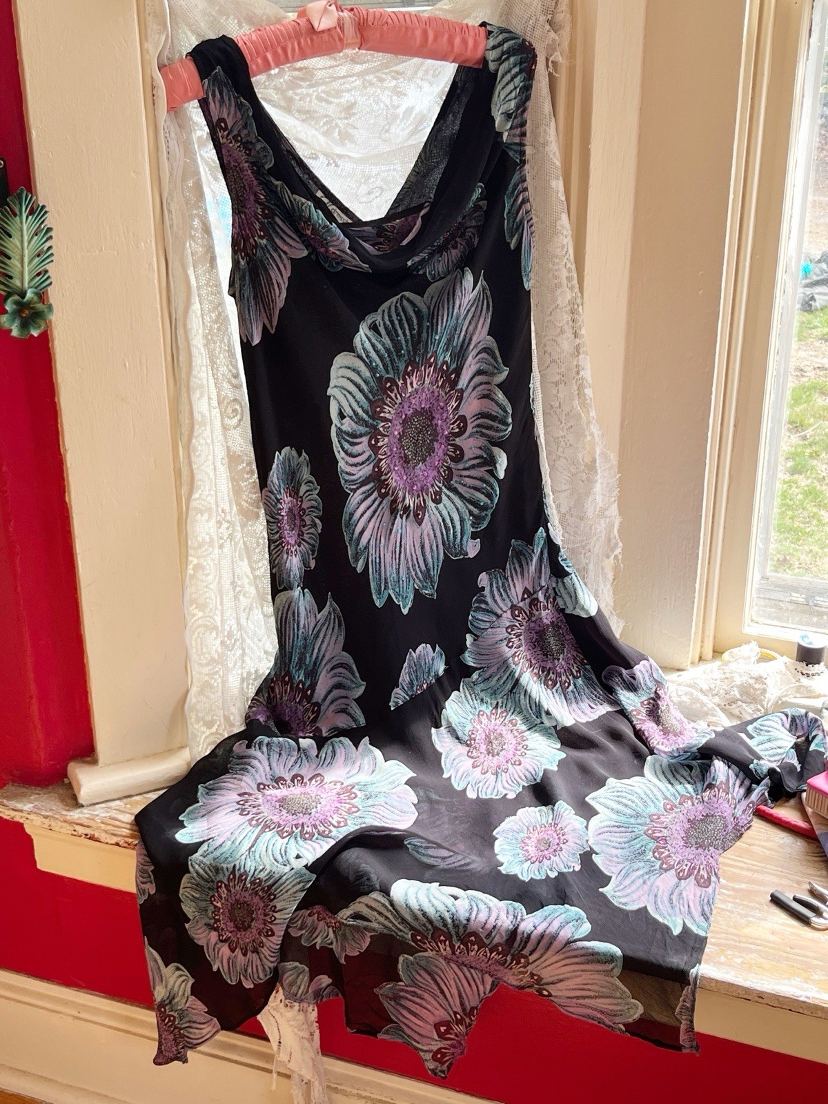 Vintage 1990s Black Chiffon Blue Purple Floral Print Grunge Cowl Neck Dress L