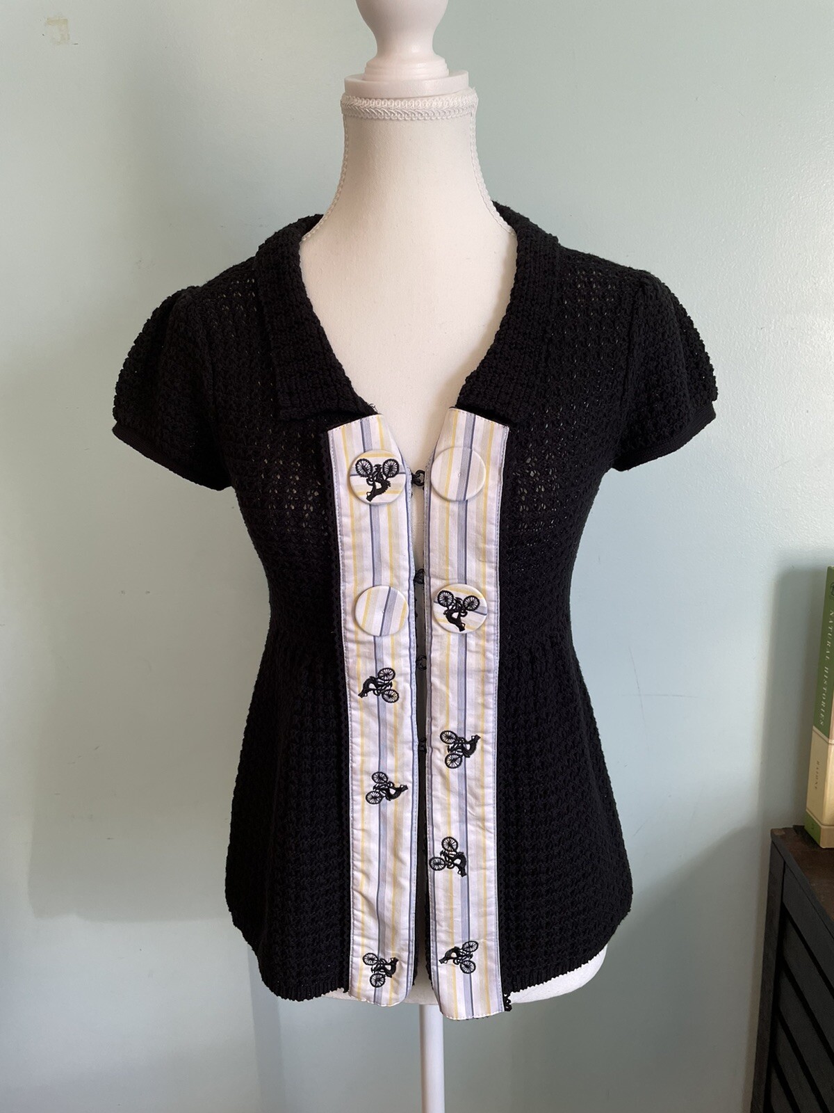EUC Vintage y2k Anthropologie Moth Motion Study Knitted Black Sweater Bicycle XS