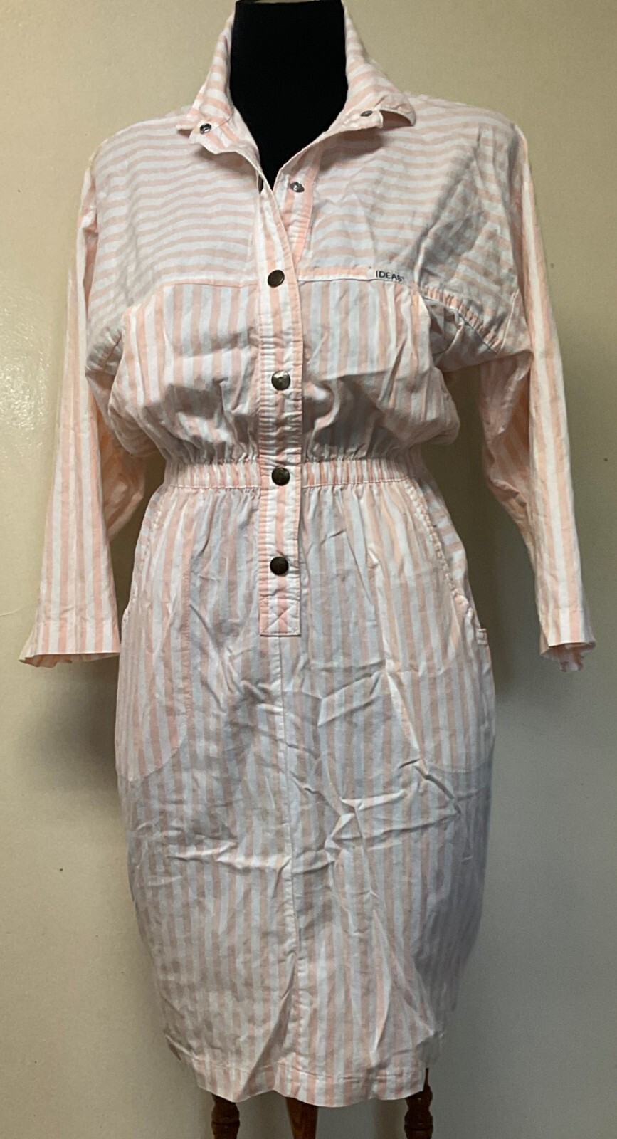 1980s Pink and White Striped Pop Collar Dress with Pockets by Ideas Size Medium