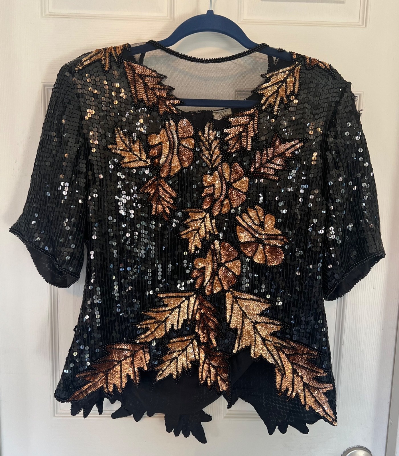 Vintage 80’s Stenay Short Sleeve Sequin Floral 100% Silk Formal Blouse Size XL