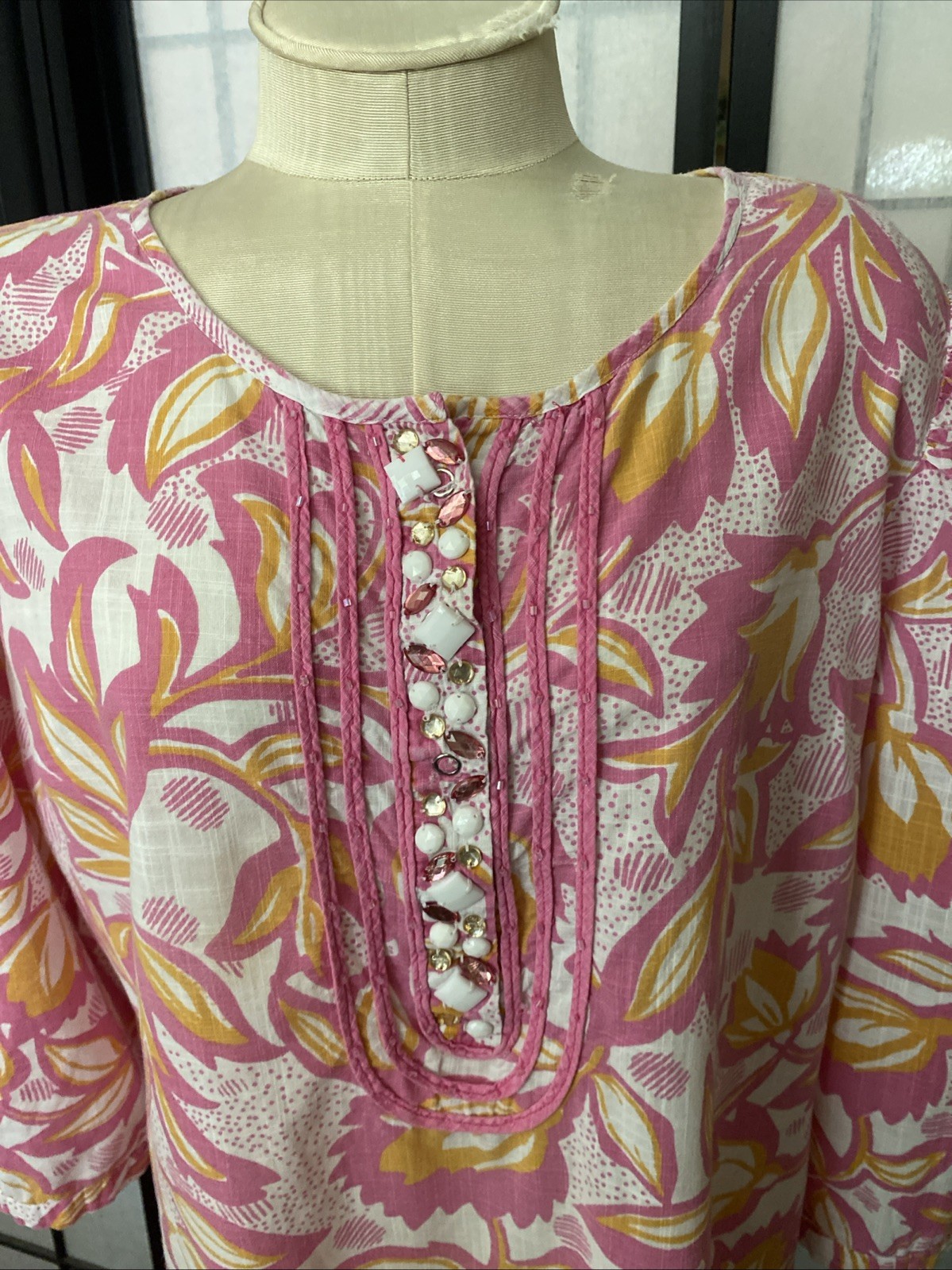 Pappagallo Dora VTG 80s Large BejewelVented Tunic Top/Beach/Resort Wear (Read)