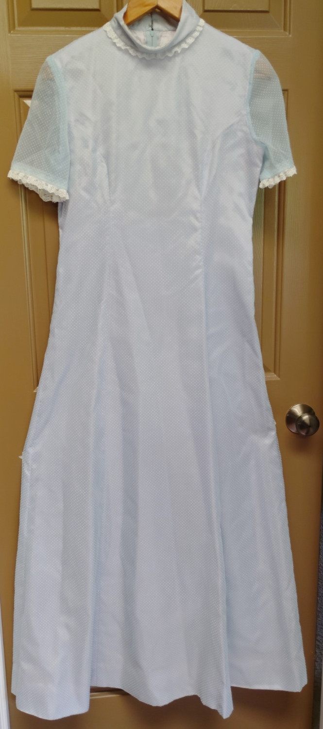 Vintage 70’s Handmade Blue Swiss Dot Maxi Dress Prairie Cottagecore Lace Sz S