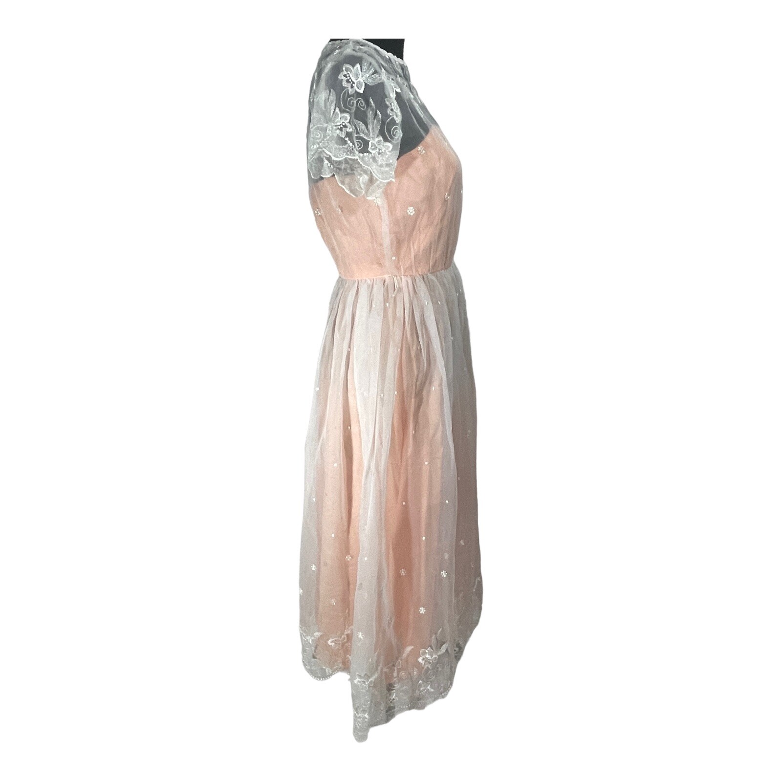 VTG 70s Party Tea Dress Women 5/6 Bridesmaid Chiffon Peach White Easter Prom