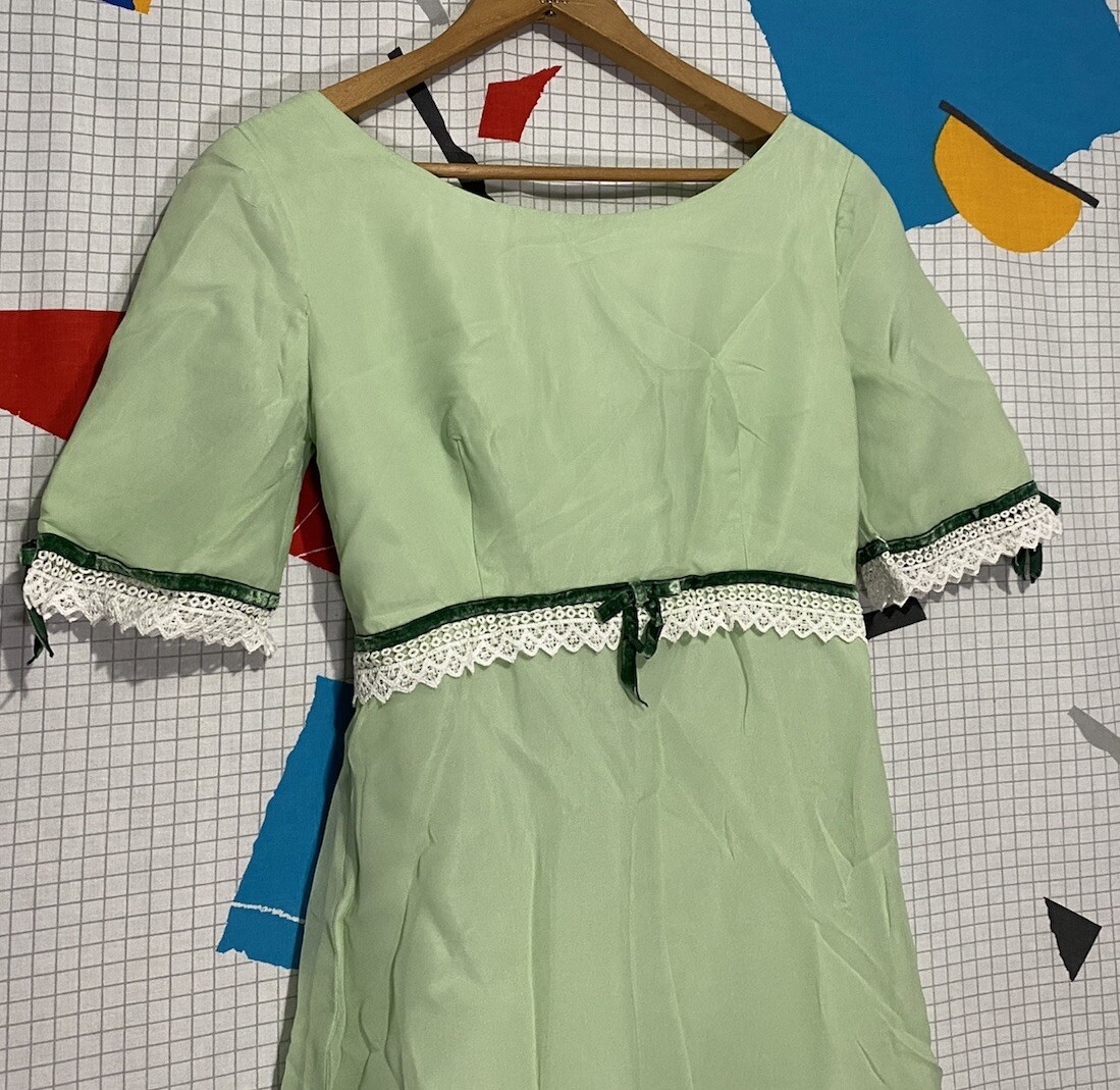 Vintage 50s Silk Chiffon Dress Green Lace Organza Velvet Ribbon 60s Maxi